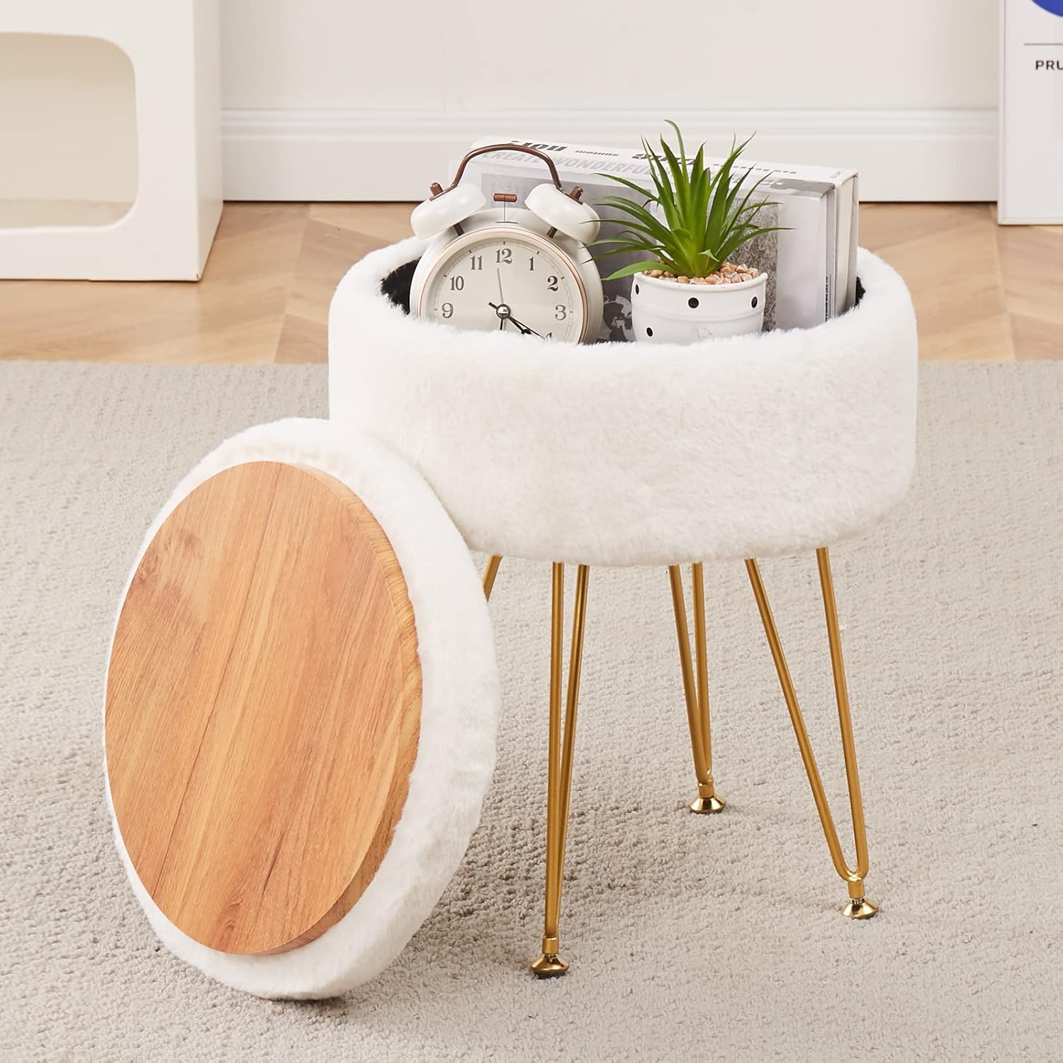 Footrest Footstools Round Faux Fur Ottoman with Storage Space Soft Vanity Chair Seat Coffee Table Ottoman Small Side Table Metal Legs with Adjustable Footings (Cream)