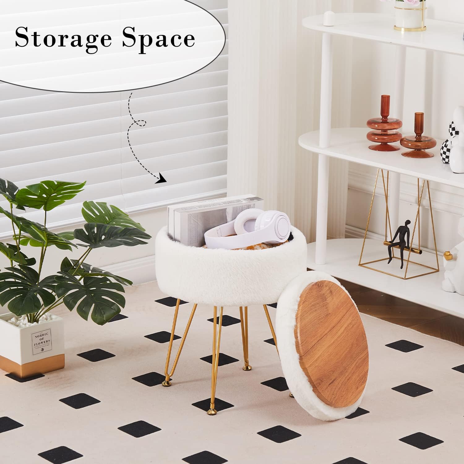 Footrest Footstools Round Faux Fur Ottoman with Storage Space Soft Vanity Chair Seat Coffee Table Ottoman Small Side Table Metal Legs with Adjustable Footings (Cream)