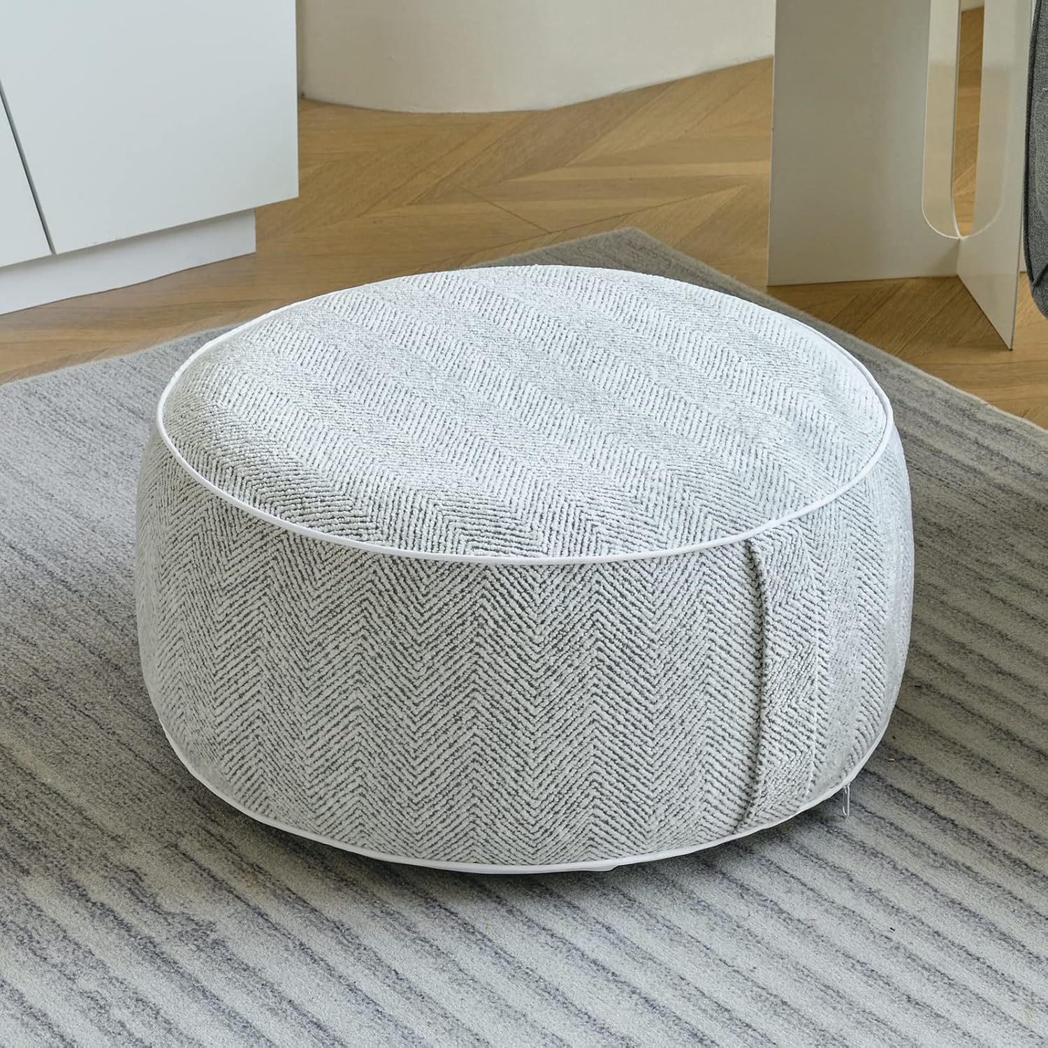 Pouf Ottoman, 21x10 Inches Stuffed Chenille Ottoman with Inflatable PVC Liner, Foot Rest with Portable Handle, Round Floor Pillow for Living Room, Bedroom, Kids Room (Grey)