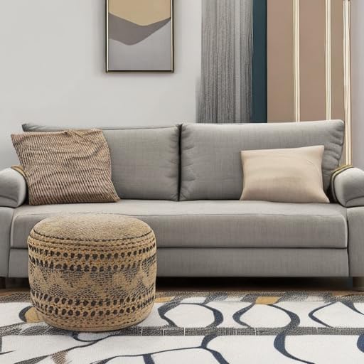 Tan / Black Round Ottoman Pouf for Home Decor | Striped Hand-Woven Jute Cotton Blend Round Pouf Ottoman Footrest for Bedroom & Living Room Decor | 18" X 18" X 14"