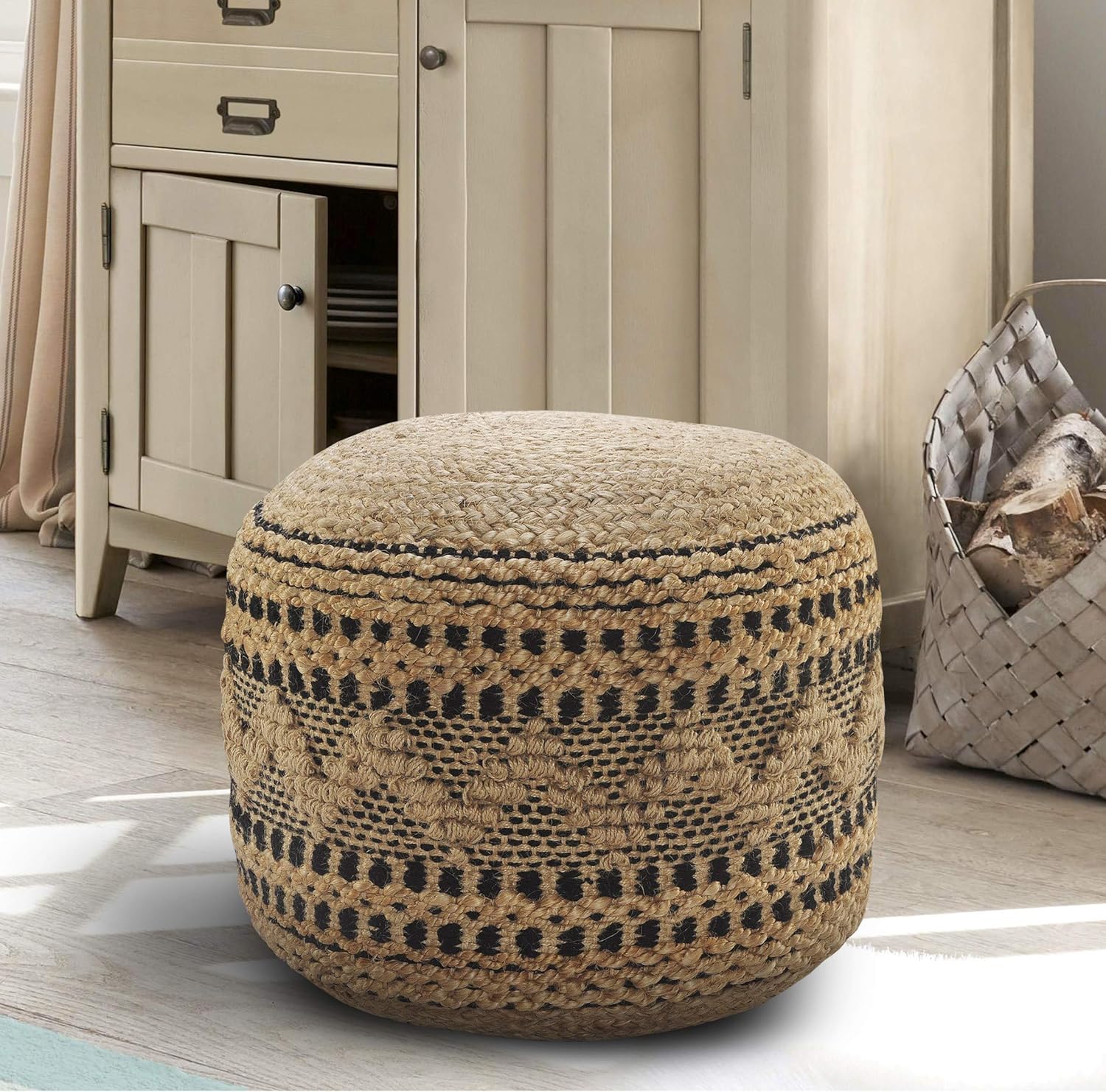 Tan / Black Round Ottoman Pouf for Home Decor | Striped Hand-Woven Jute Cotton Blend Round Pouf Ottoman Footrest for Bedroom & Living Room Decor | 18" X 18" X 14"