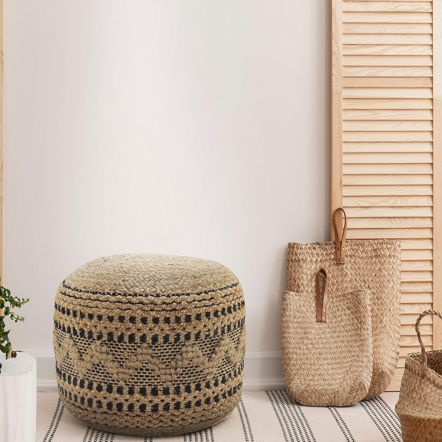Tan / Black Round Ottoman Pouf for Home Decor | Striped Hand-Woven Jute Cotton Blend Round Pouf Ottoman Footrest for Bedroom & Living Room Decor | 18" X 18" X 14"