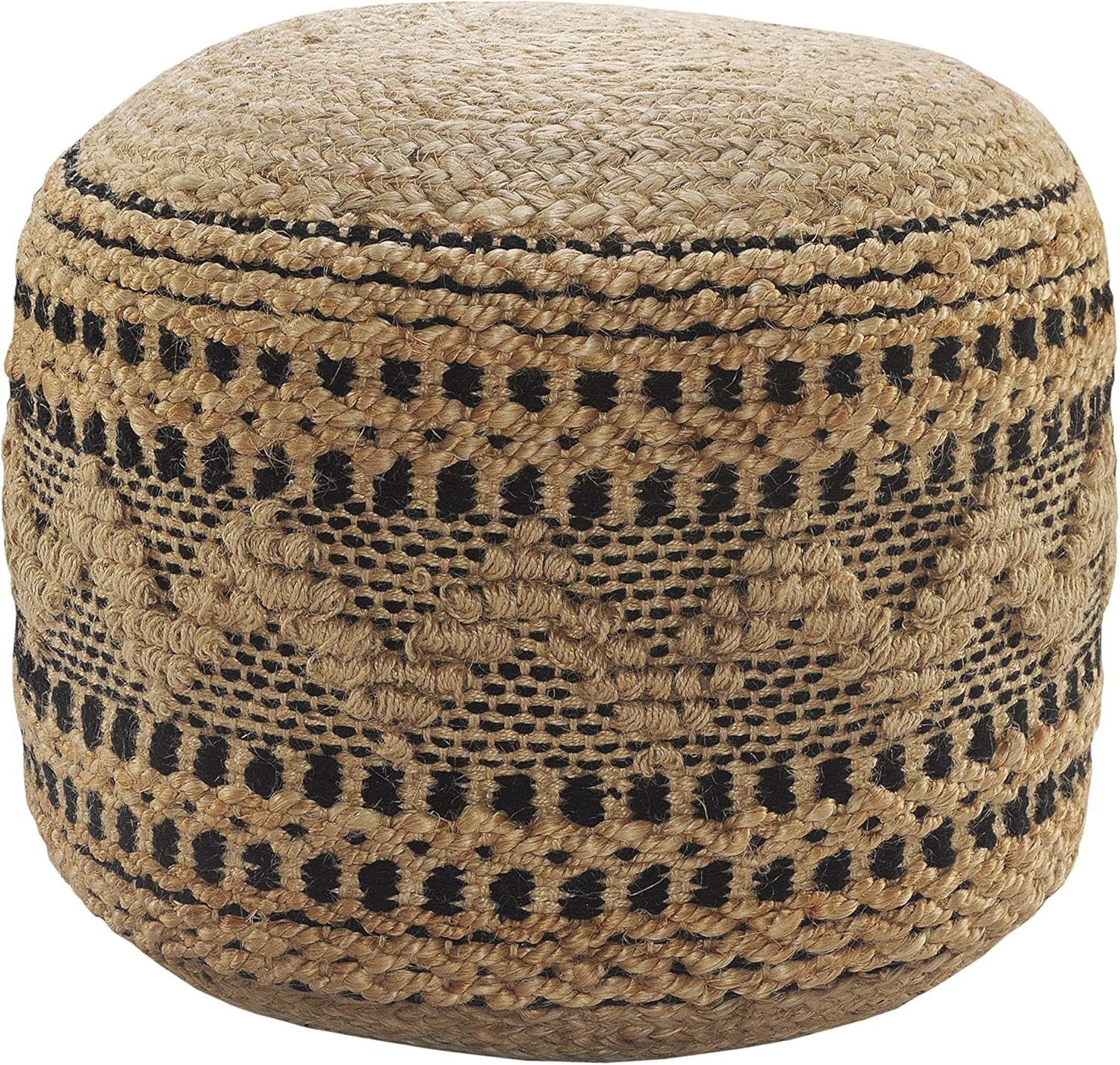 Tan / Black Round Ottoman Pouf for Home Decor | Striped Hand-Woven Jute Cotton Blend Round Pouf Ottoman Footrest for Bedroom & Living Room Decor | 18" X 18" X 14"