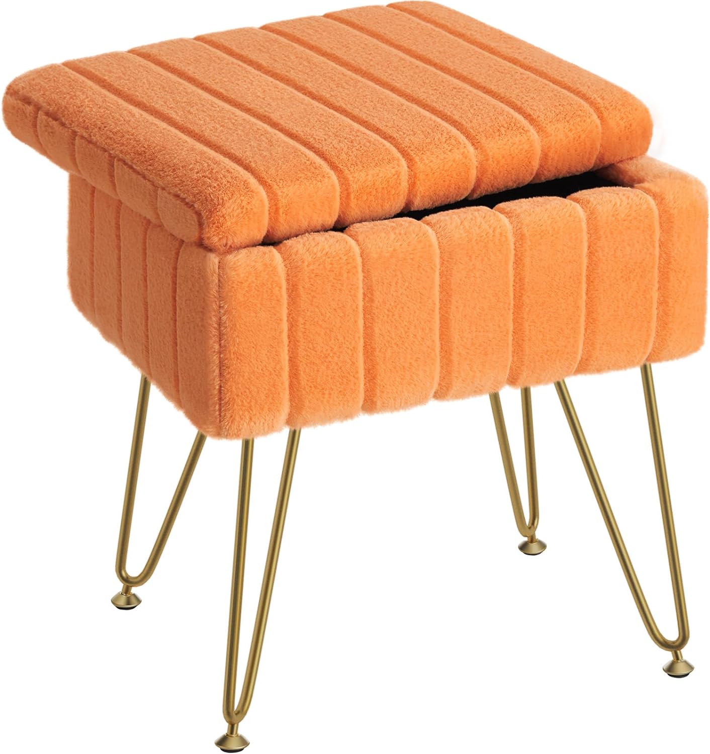Vanity Stool Chair Faux Fur with Storage, 15.7"L x 11.8"W x 19.4"H Soft Ottoman 4 Metal Legs with Anti-Slip Feet, Furry Padded Seat, Modern Multifunctional Chairs for Makeup, Bedroom,Orange