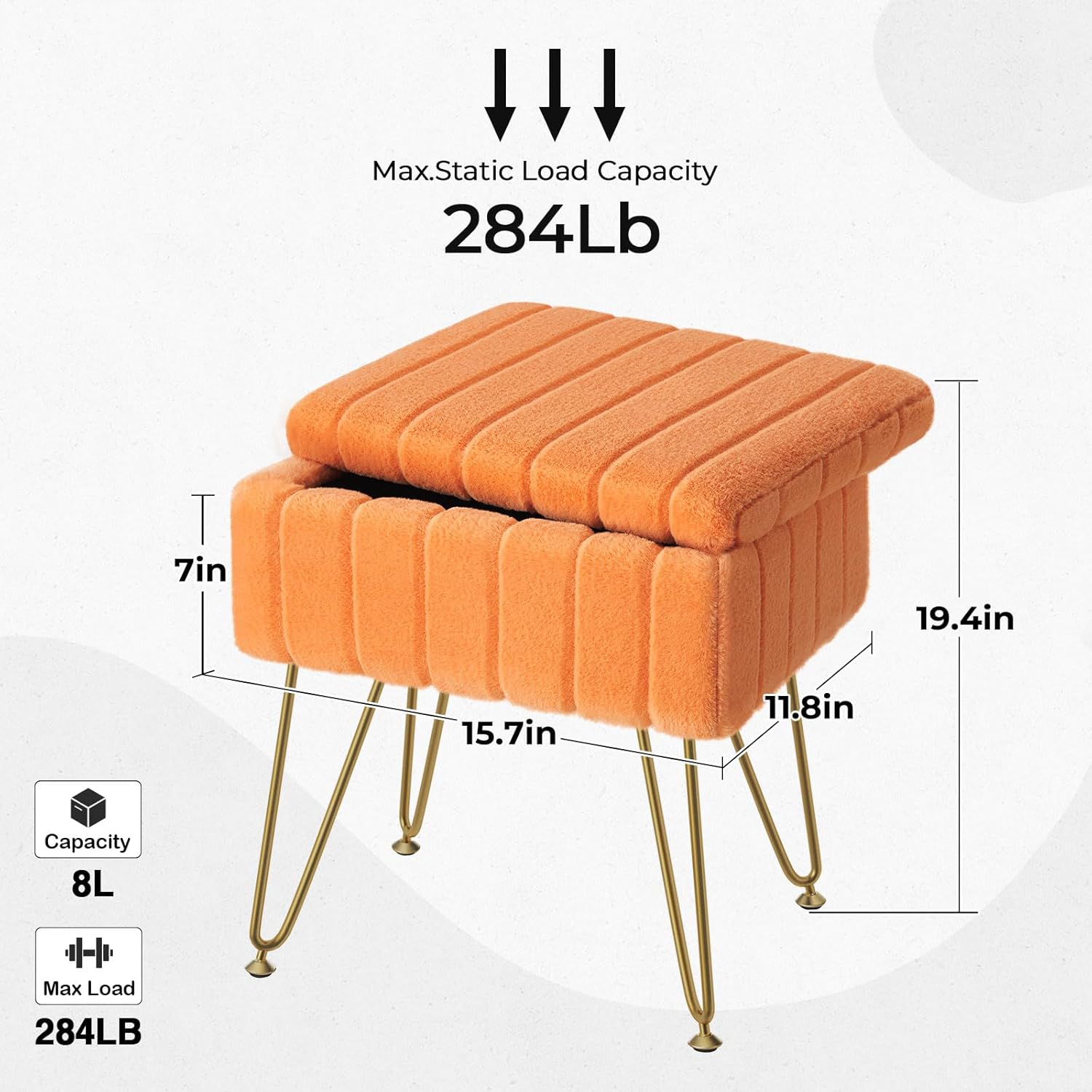 Vanity Stool Chair Faux Fur with Storage, 15.7"L x 11.8"W x 19.4"H Soft Ottoman 4 Metal Legs with Anti-Slip Feet, Furry Padded Seat, Modern Multifunctional Chairs for Makeup, Bedroom,Orange