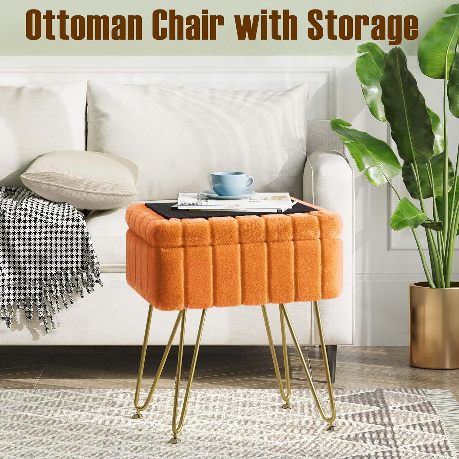 Vanity Stool Chair Faux Fur with Storage, 15.7"L x 11.8"W x 19.4"H Soft Ottoman 4 Metal Legs with Anti-Slip Feet, Furry Padded Seat, Modern Multifunctional Chairs for Makeup, Bedroom,Orange