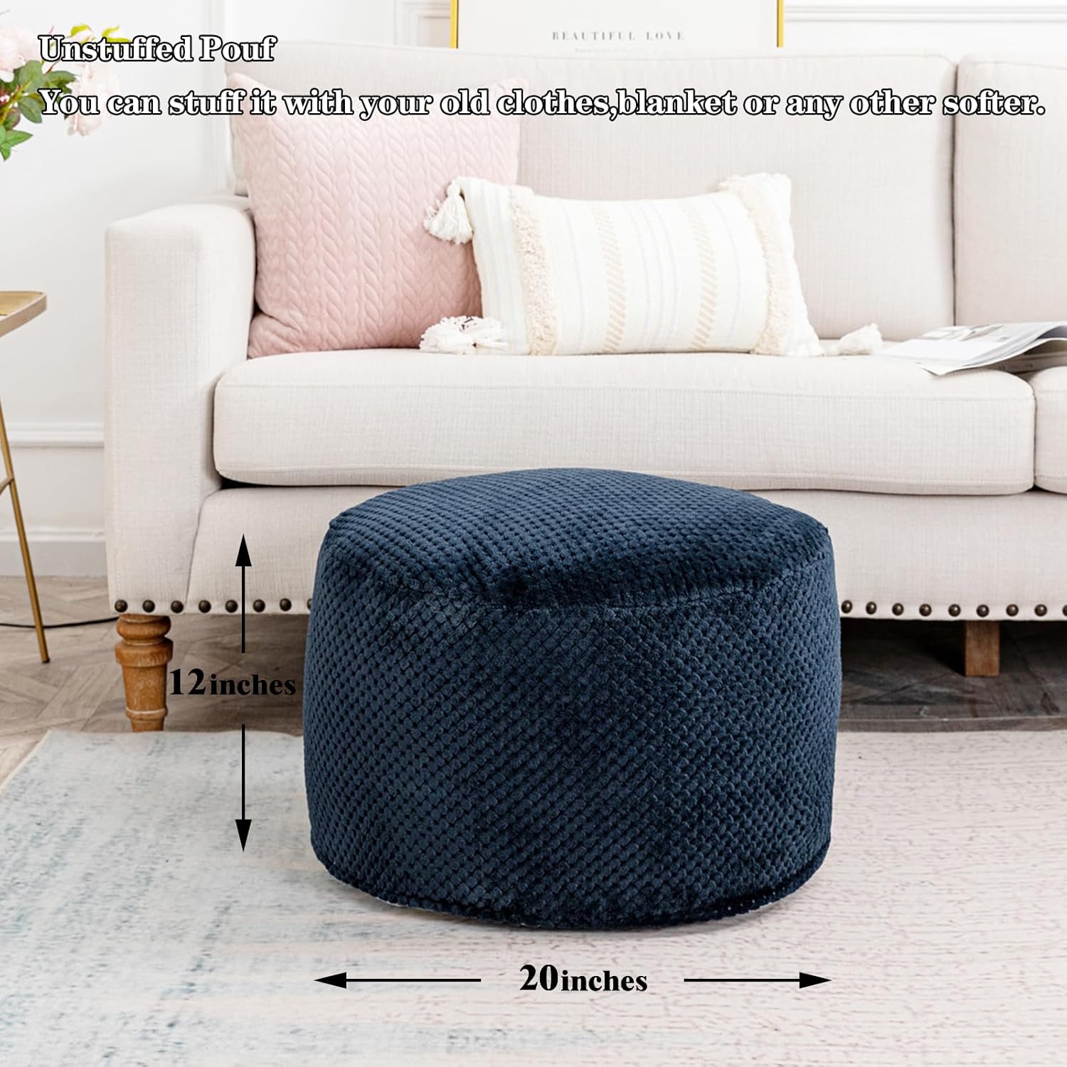 Pouf Ottoman Unstuffed,Pouf Ottoman Foot Rest(No Filler) Foot Stool, 20"x20"x12" Inches Fuzzy Chair, Floor Pouf Chair,Foot Rest with Storage for Living Room, Bedroom (Navy Blue Pouf Cover)