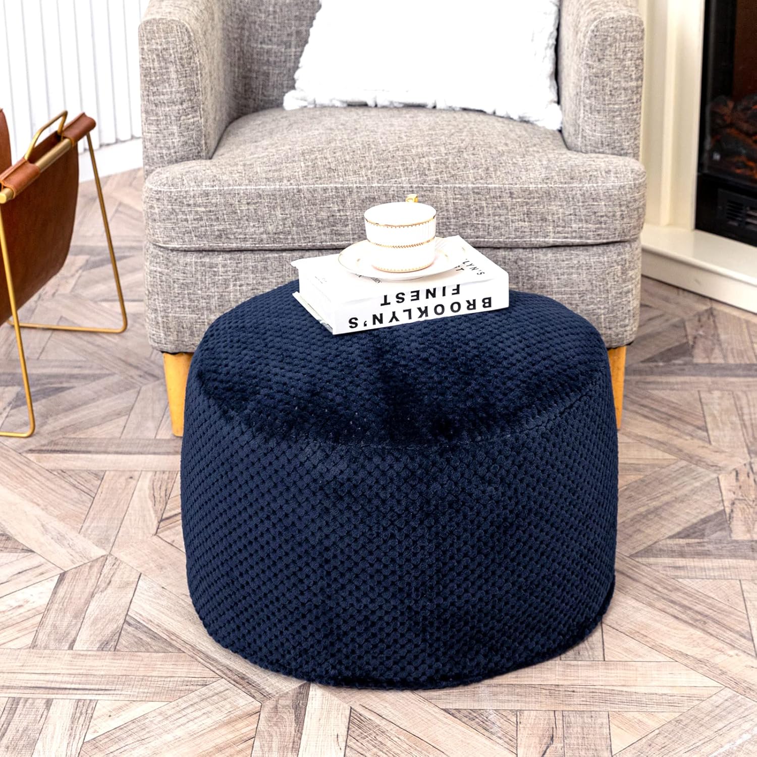 Pouf Ottoman Unstuffed,Pouf Ottoman Foot Rest(No Filler) Foot Stool, 20"x20"x12" Inches Fuzzy Chair, Floor Pouf Chair,Foot Rest with Storage for Living Room, Bedroom (Navy Blue Pouf Cover)