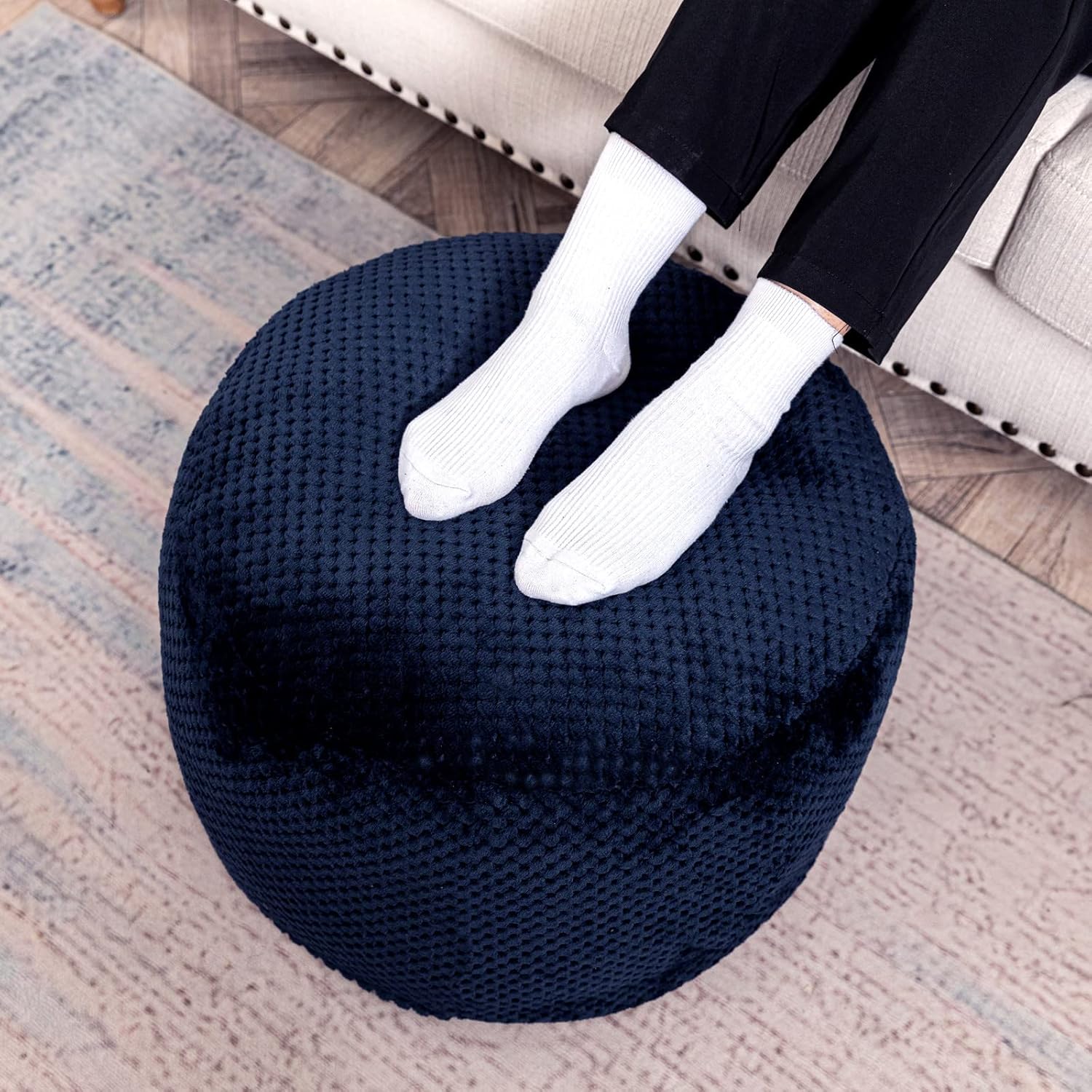 Pouf Ottoman Unstuffed,Pouf Ottoman Foot Rest(No Filler) Foot Stool, 20"x20"x12" Inches Fuzzy Chair, Floor Pouf Chair,Foot Rest with Storage for Living Room, Bedroom (Navy Blue Pouf Cover)