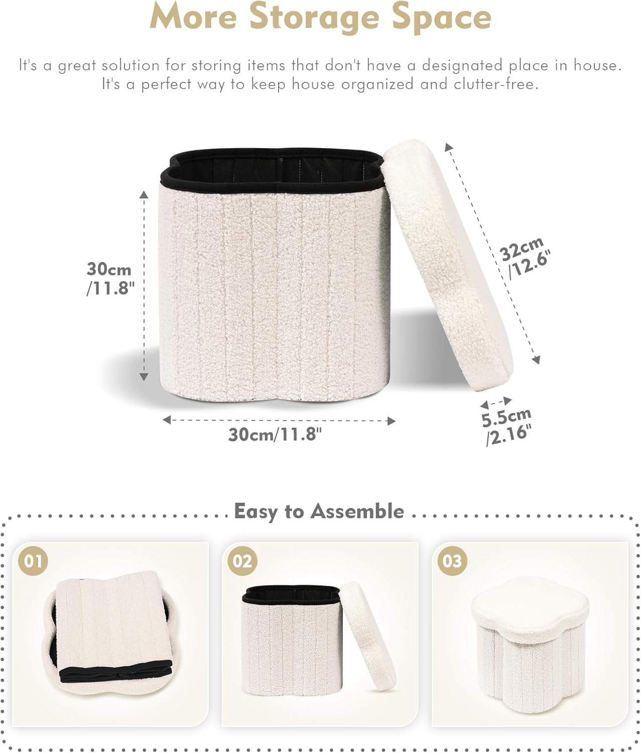 Storage Ottoman Cube, Flowers Shaped Ottomans with Storage Foot Stool Footrest for Lving Room, Boucle Ottoman Seat for Dorm Room,Faux Teddy Fur,White 12.6"x12.6"x12.6"