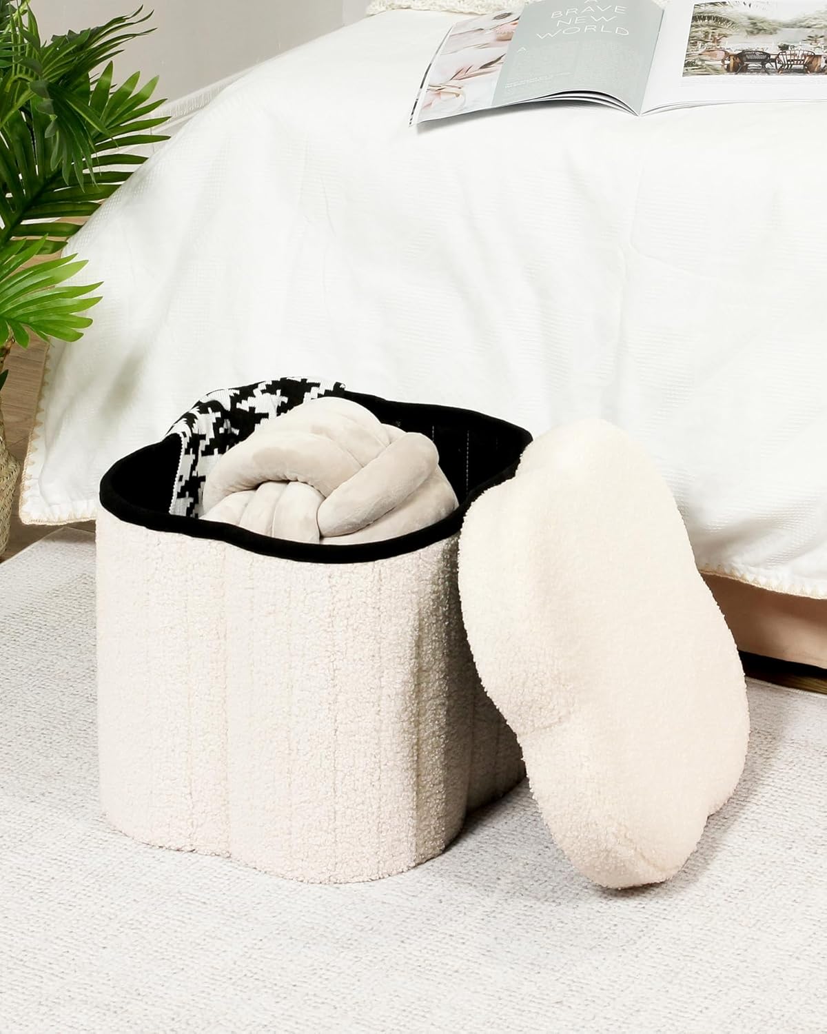 Storage Ottoman Cube, Flowers Shaped Ottomans with Storage Foot Stool Footrest for Lving Room, Boucle Ottoman Seat for Dorm Room,Faux Teddy Fur,White 12.6"x12.6"x12.6"