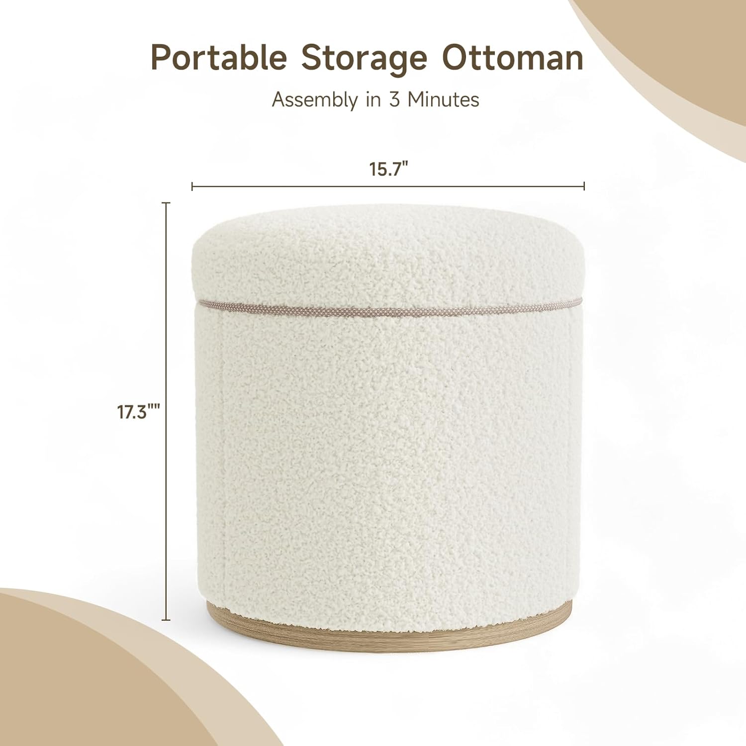 Round Ottoman with Storage, Ottoman Foot Rest, Boucle Small Ottoman, Foot Stool, Vanity Stool, Upholstered Sherpa Ottoman Support 250 lbs for Living Room, Bedroom, White