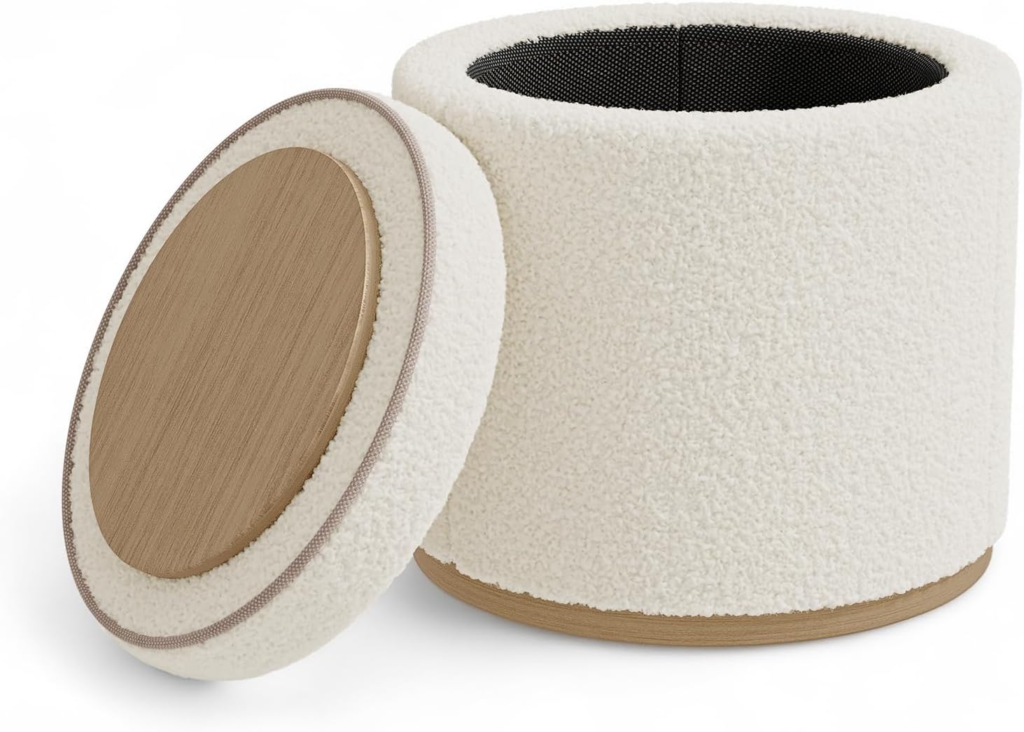 Round Ottoman with Storage, Ottoman Foot Rest, Boucle Small Ottoman, Foot Stool, Vanity Stool, Upholstered Sherpa Ottoman Support 250 lbs for Living Room, Bedroom, White