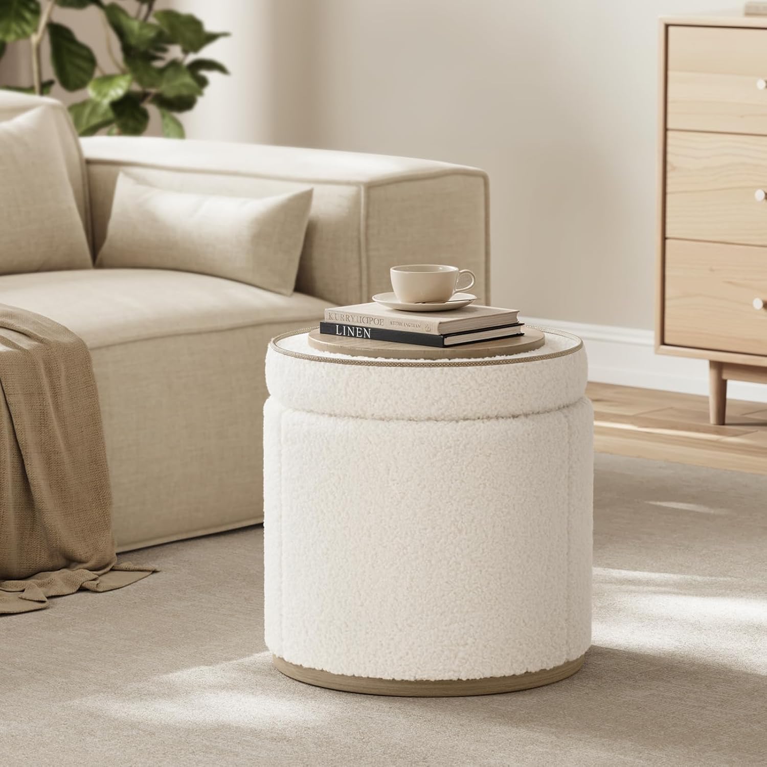 Round Ottoman with Storage, Ottoman Foot Rest, Boucle Small Ottoman, Foot Stool, Vanity Stool, Upholstered Sherpa Ottoman Support 250 lbs for Living Room, Bedroom, White