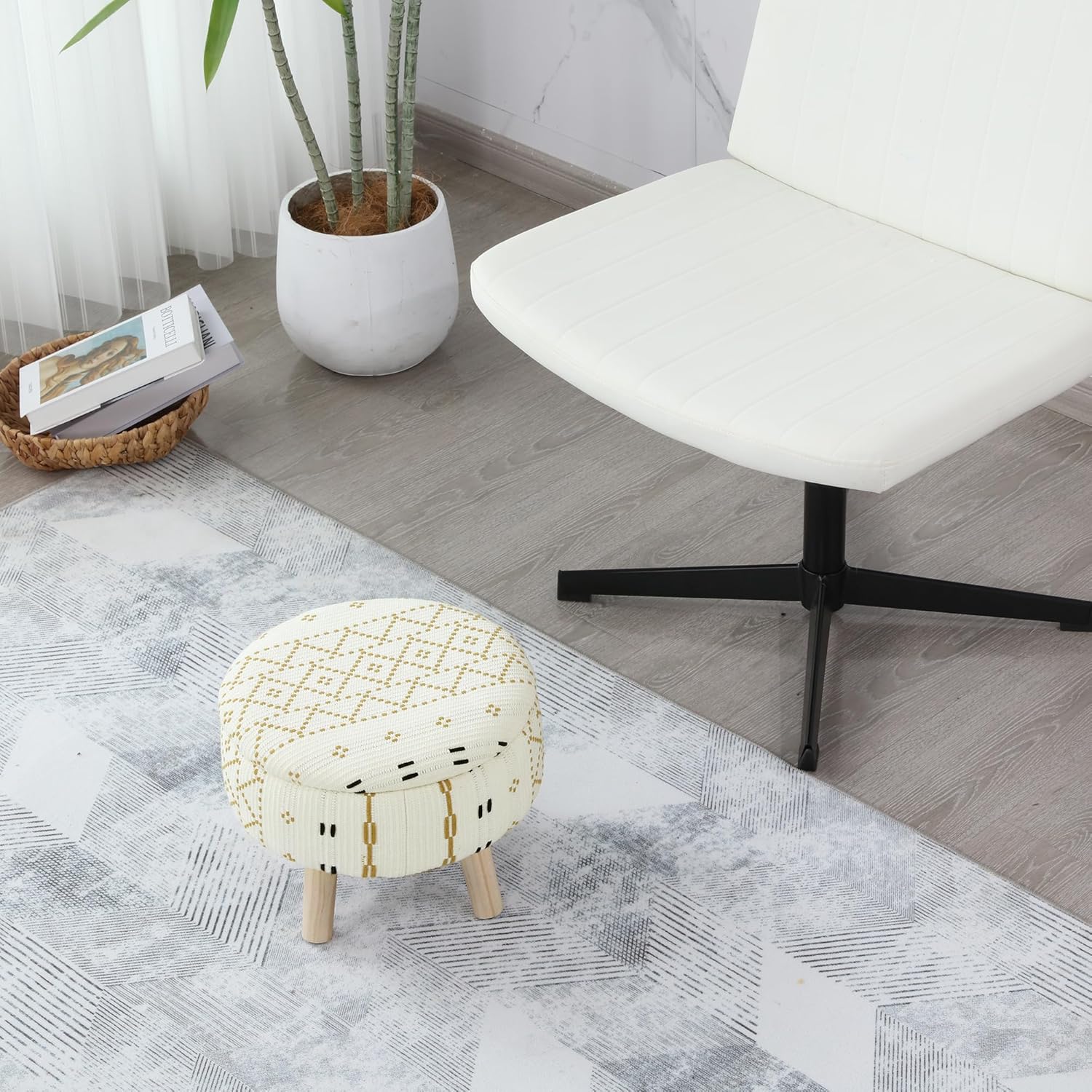 Boho Ottoman with Storage, Round Footrest Footstool Foot Stool Step Stool with Wood Legs, Vanity Chair Padded Foot Rest Padded Seat for Hallway, Living Room, Bedroom