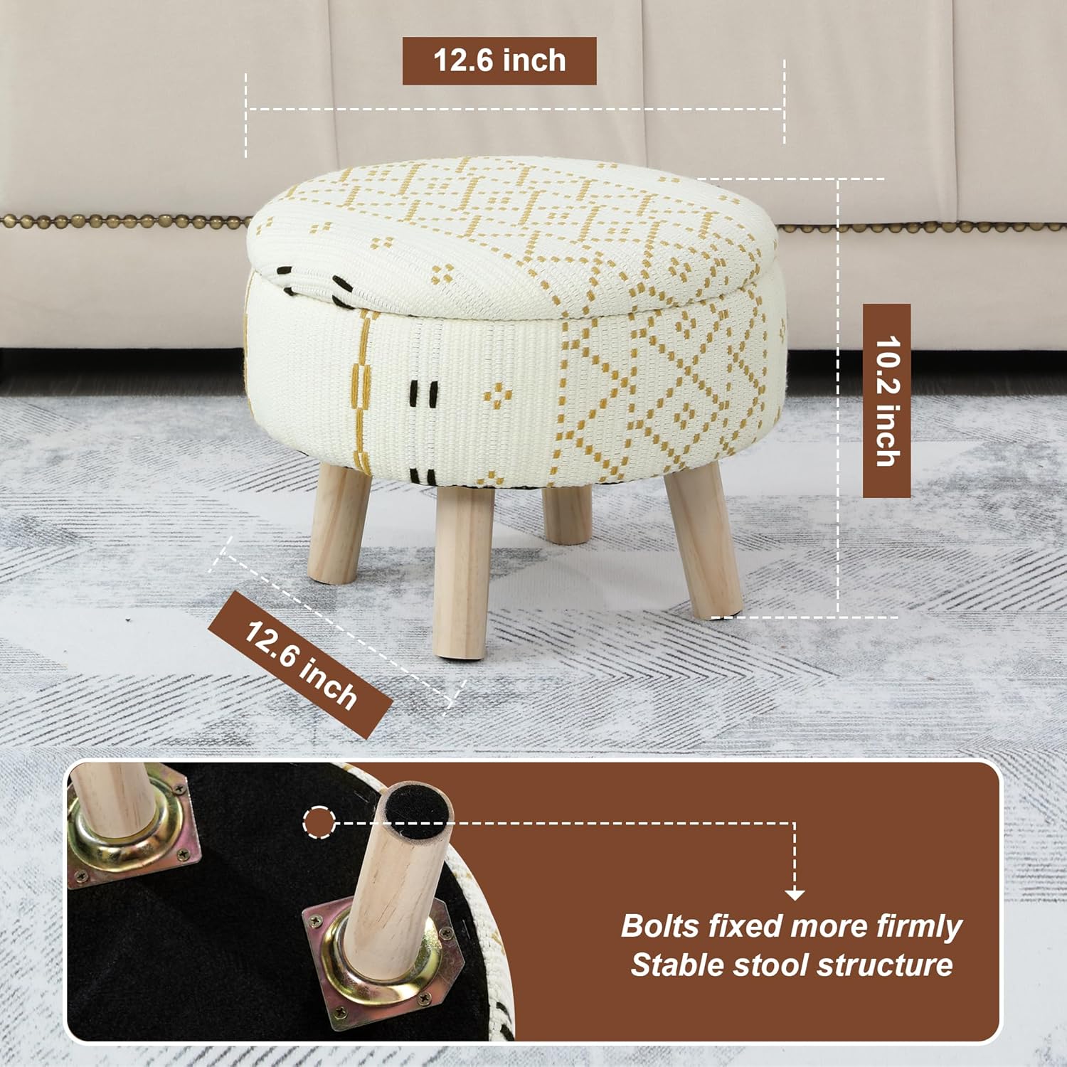 Boho Ottoman with Storage, Round Footrest Footstool Foot Stool Step Stool with Wood Legs, Vanity Chair Padded Foot Rest Padded Seat for Hallway, Living Room, Bedroom