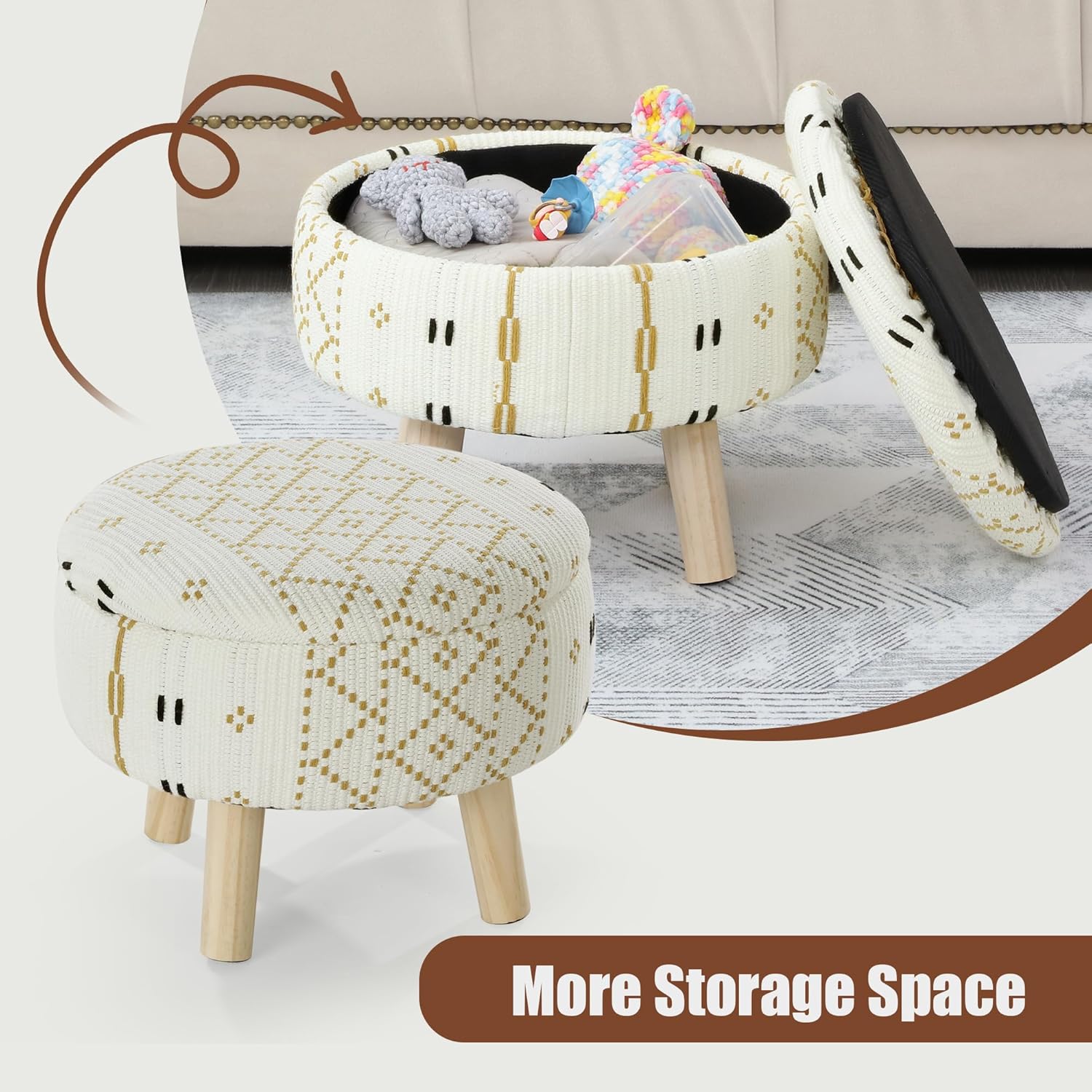 Boho Ottoman with Storage, Round Footrest Footstool Foot Stool Step Stool with Wood Legs, Vanity Chair Padded Foot Rest Padded Seat for Hallway, Living Room, Bedroom