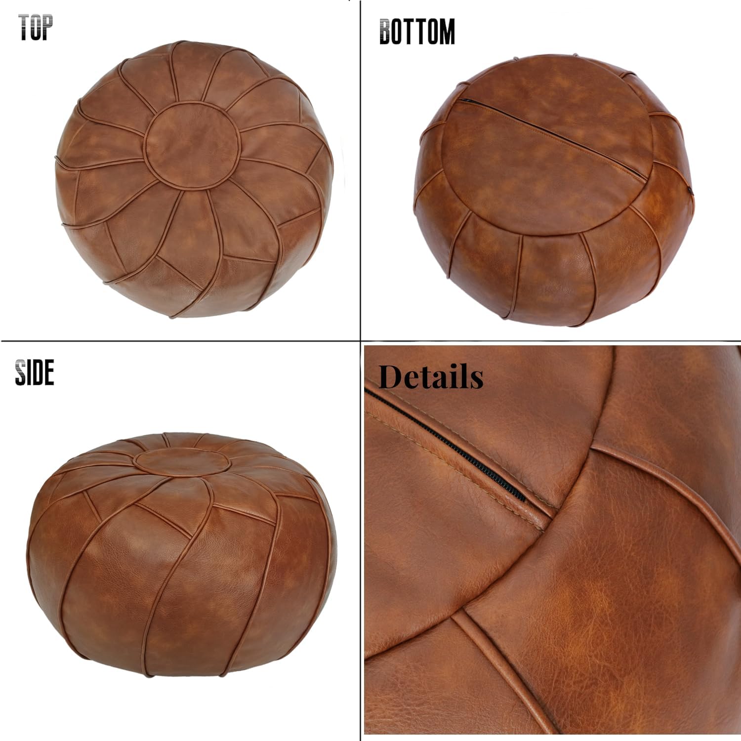 Unstuffed Pouf Cover - Round Foot Stool Ottoman - Storage Bean Bag Floor Chair - Luxury Leather Pouffe - Small Foot Rest for Living Room, Kids Room or Bedroom (Brown)