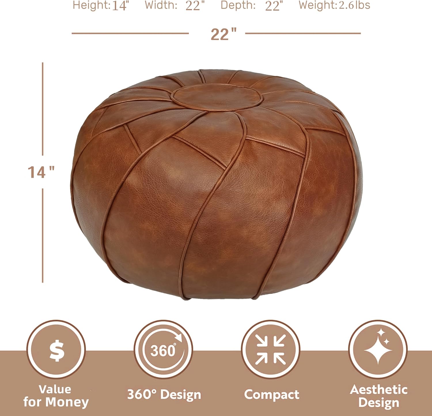 Unstuffed Pouf Cover - Round Foot Stool Ottoman - Storage Bean Bag Floor Chair - Luxury Leather Pouffe - Small Foot Rest for Living Room, Kids Room or Bedroom (Brown)