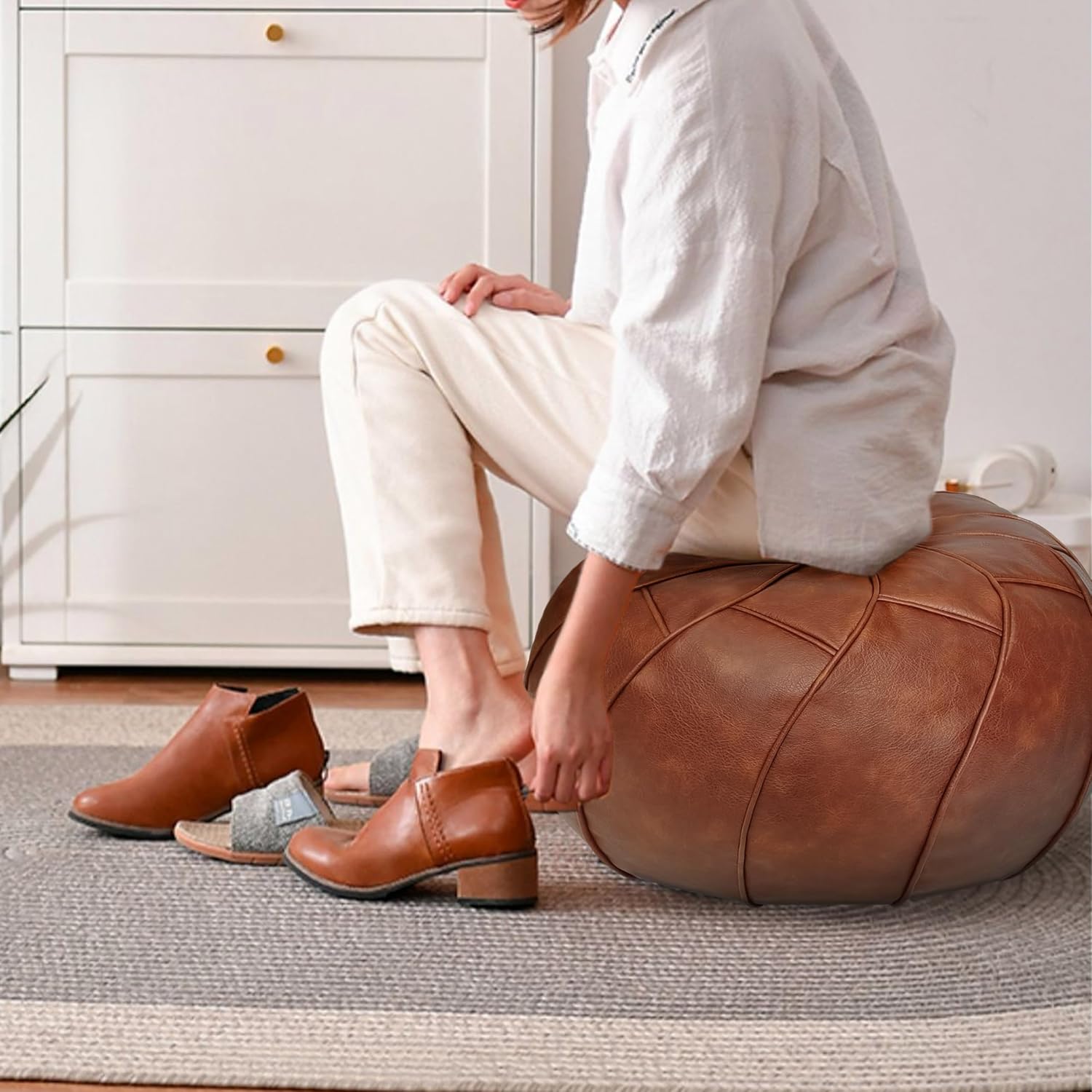 Unstuffed Pouf Cover - Round Foot Stool Ottoman - Storage Bean Bag Floor Chair - Luxury Leather Pouffe - Small Foot Rest for Living Room, Kids Room or Bedroom (Brown)
