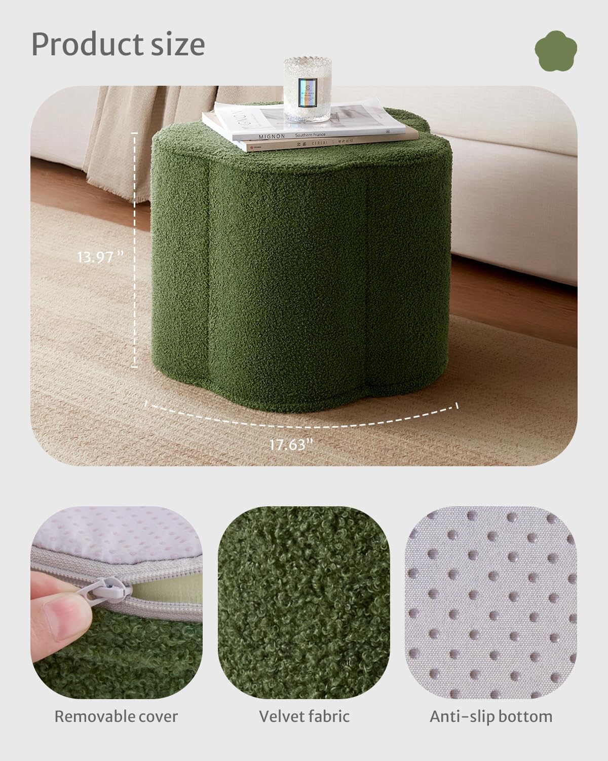 Flower Pouf Ottoman, Comfy Floral Ottoman for Living Room, Bedroom, Kids Room, Charm Floor Pouf for Home Decor, Full Foam Filling Foot Rest for Couch - Moss Green