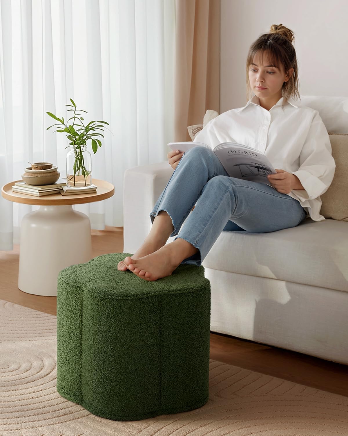 Flower Pouf Ottoman, Comfy Floral Ottoman for Living Room, Bedroom, Kids Room, Charm Floor Pouf for Home Decor, Full Foam Filling Foot Rest for Couch - Moss Green