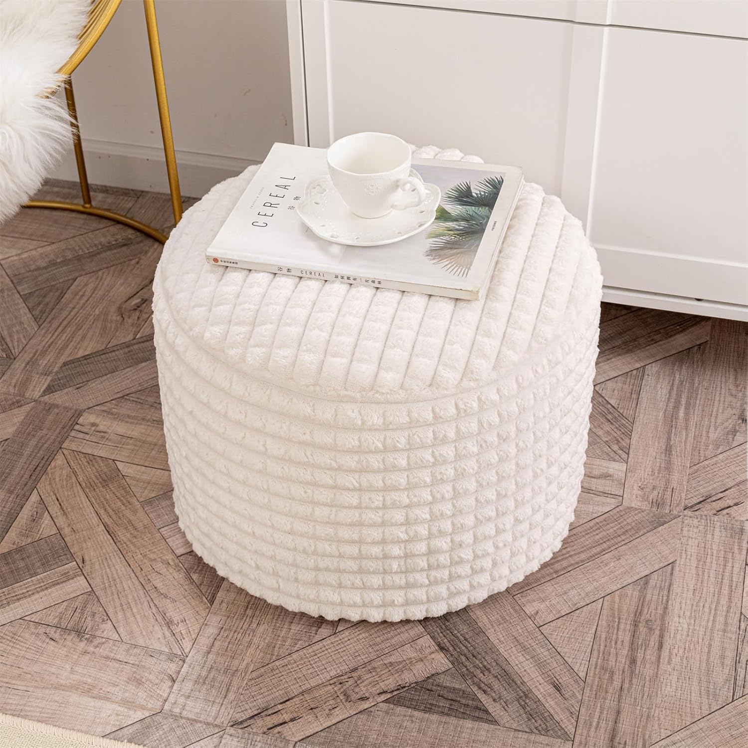 Round Stuffed Ottoman Modern Supportive Foam Ottoman Foot Rest Furry Floor Pouf Foot Stool Ottoman 18x14 Inches Floor Poufs Foot Rest for Living Room Bedroom (Ivory)