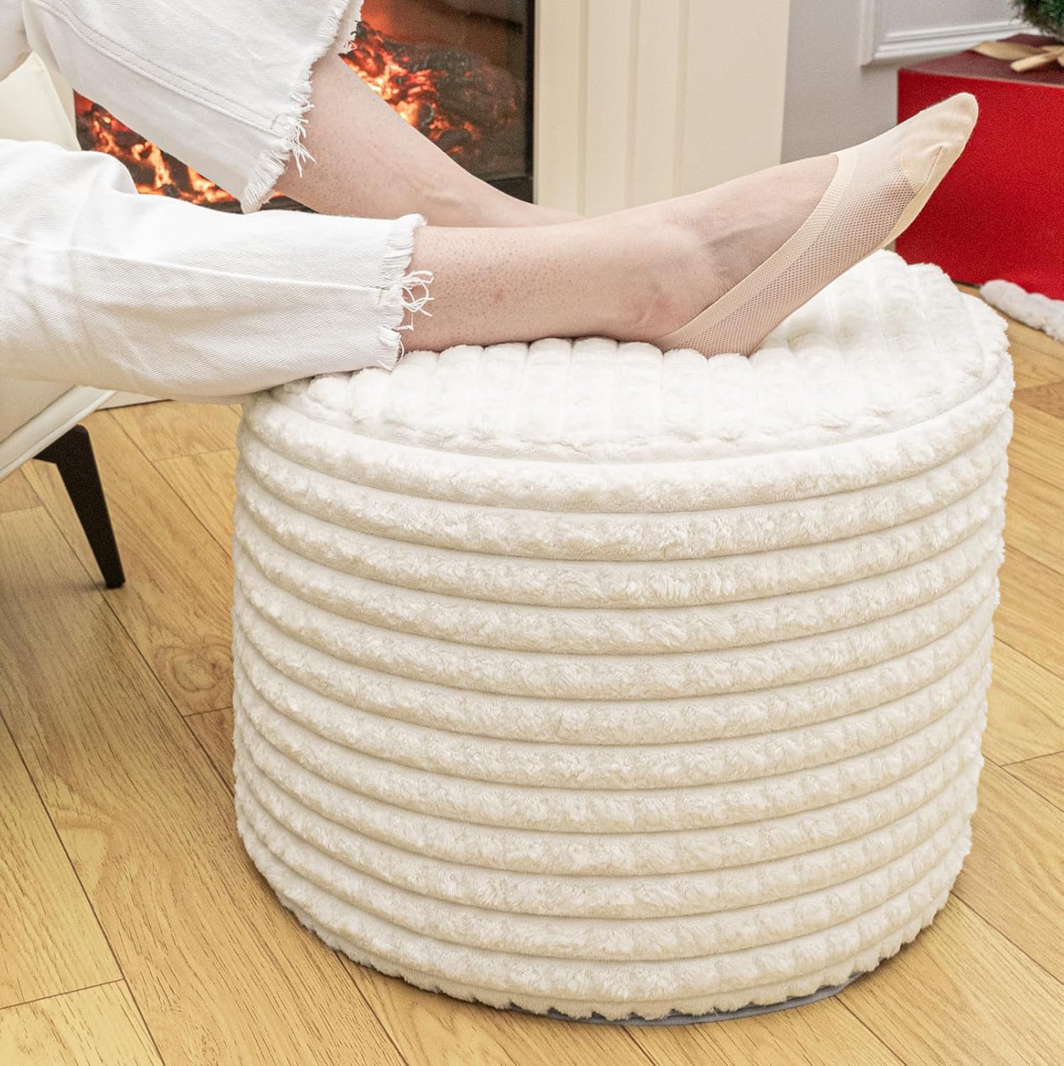 Round Stuffed Ottoman Modern Supportive Foam Ottoman Foot Rest Furry Floor Pouf Foot Stool Ottoman 18x14 Inches Floor Poufs Foot Rest for Living Room Bedroom (Ivory)