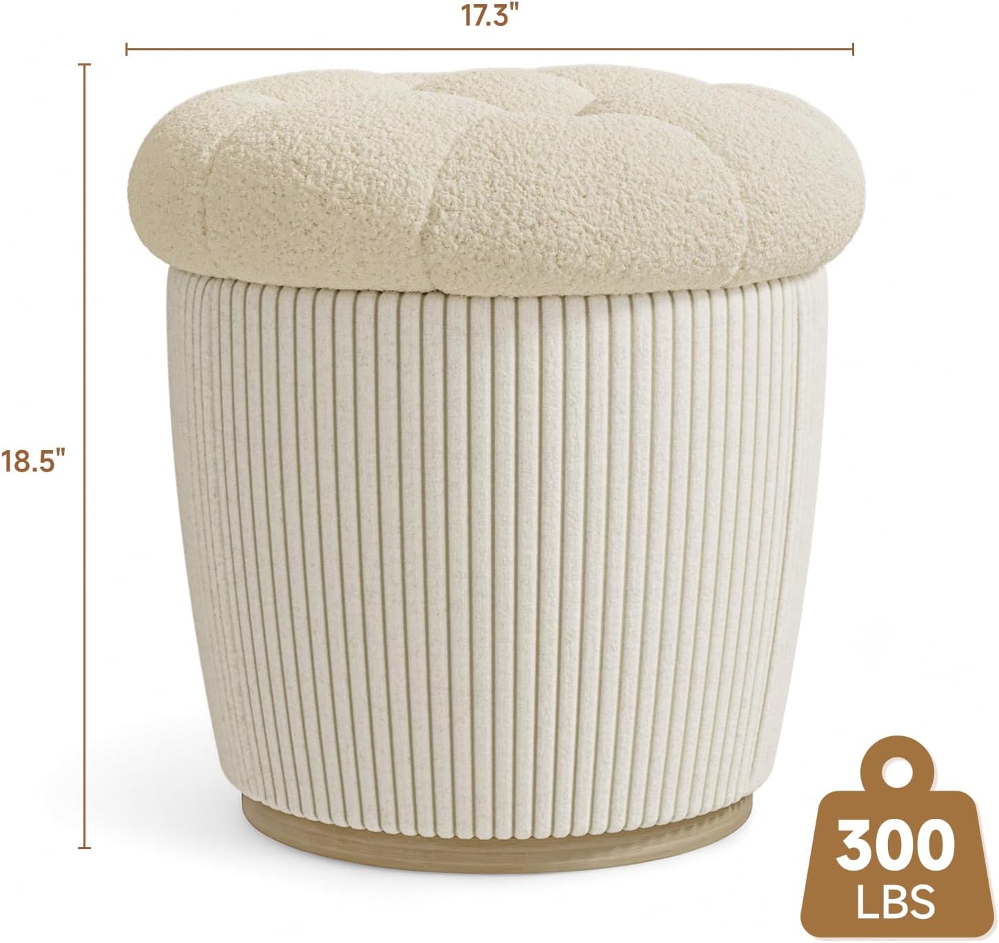 Round Ottoman with Storage, Sherpa Vanity Stool, 18.5" Small Ottoman Dorm, Foot Stools, Upholstered Ottoman Foot Rest for Living Room & Bedroom, Beige
