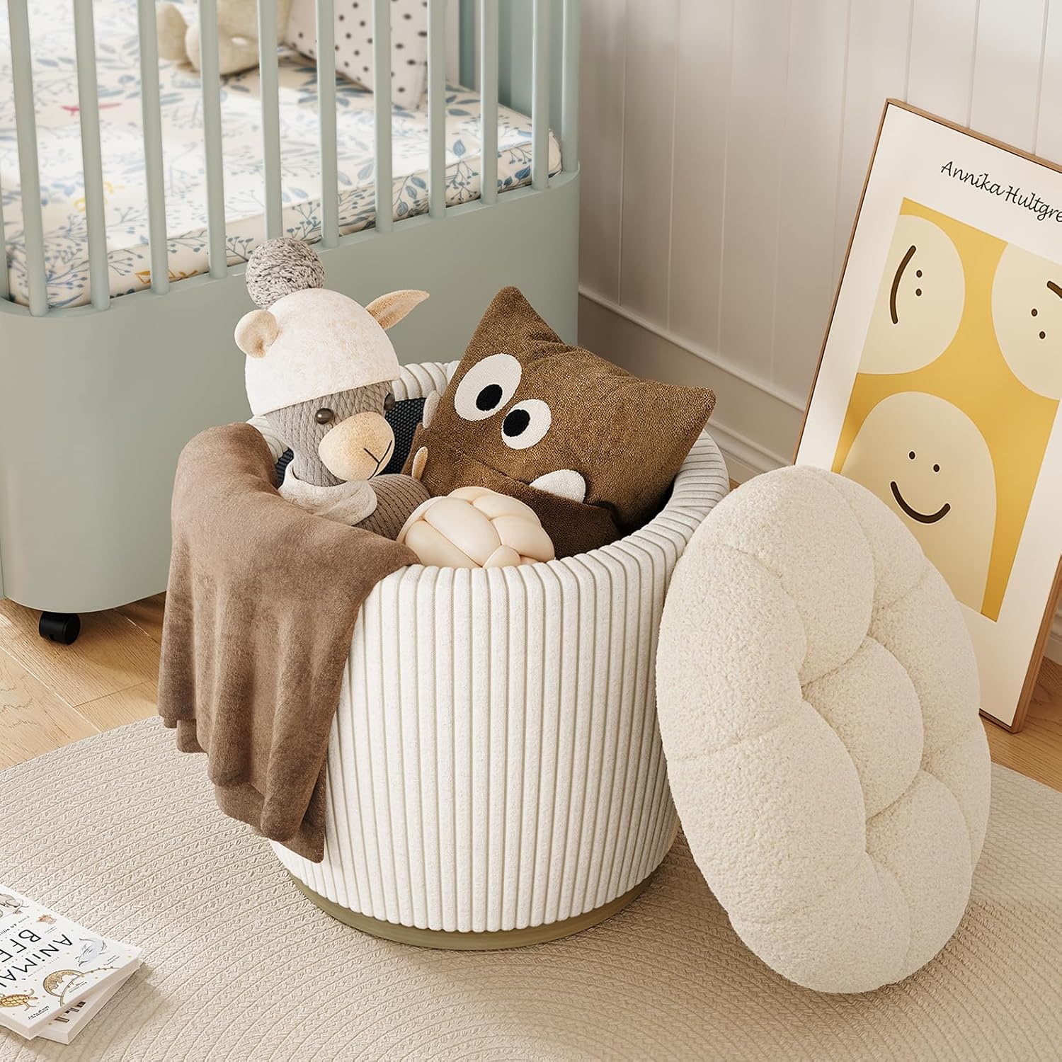 Round Ottoman with Storage, Sherpa Vanity Stool, 18.5" Small Ottoman Dorm, Foot Stools, Upholstered Ottoman Foot Rest for Living Room & Bedroom, Beige