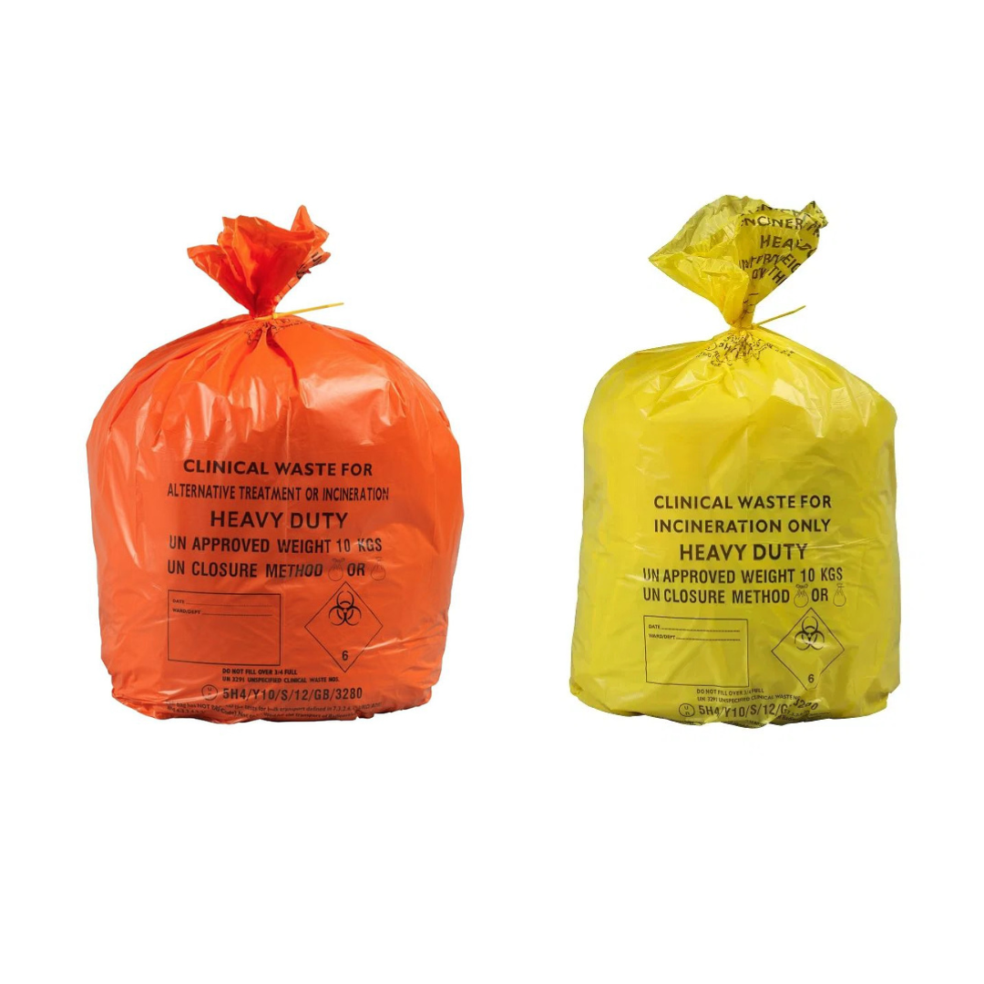 Clinical Waste Sack for Incineration – 15" x 28" x 39" – 10kg Capacity – Pack of 200 (Orange & Yellow)