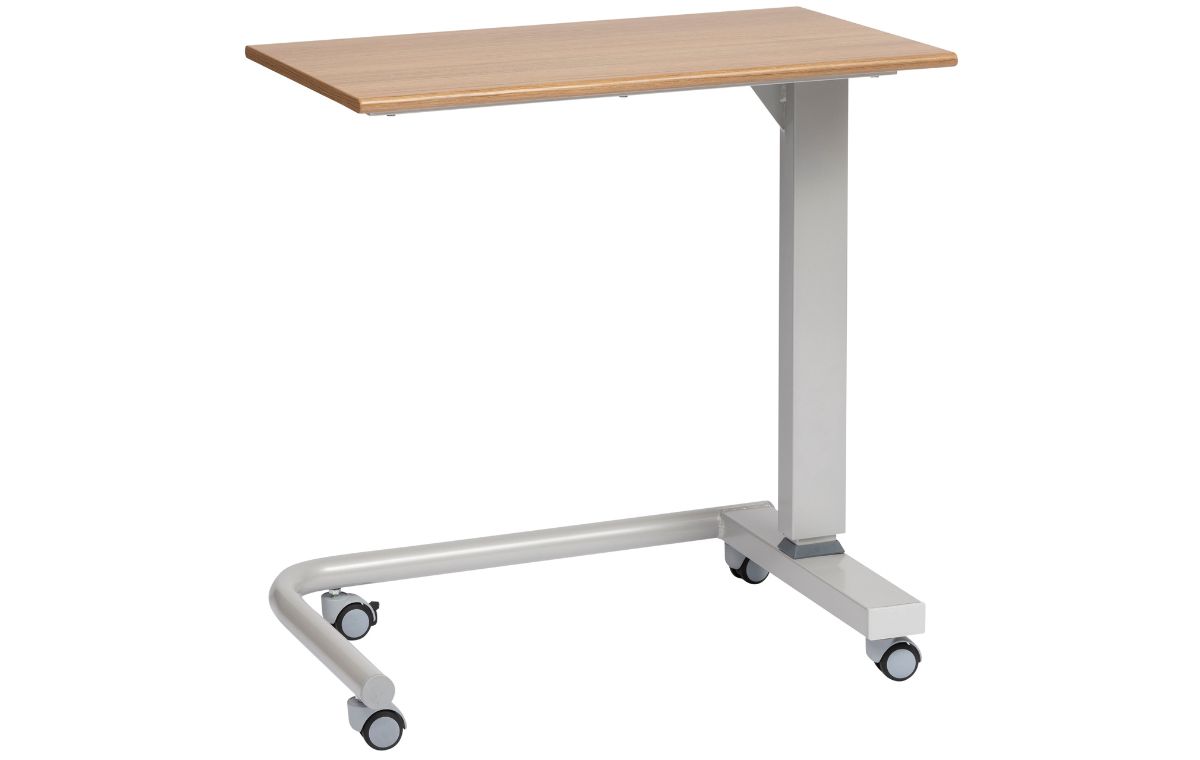 Alerta Gas Lift Overbed Table, Oak, Wheelchair Leg Base - ALT-GLW-O