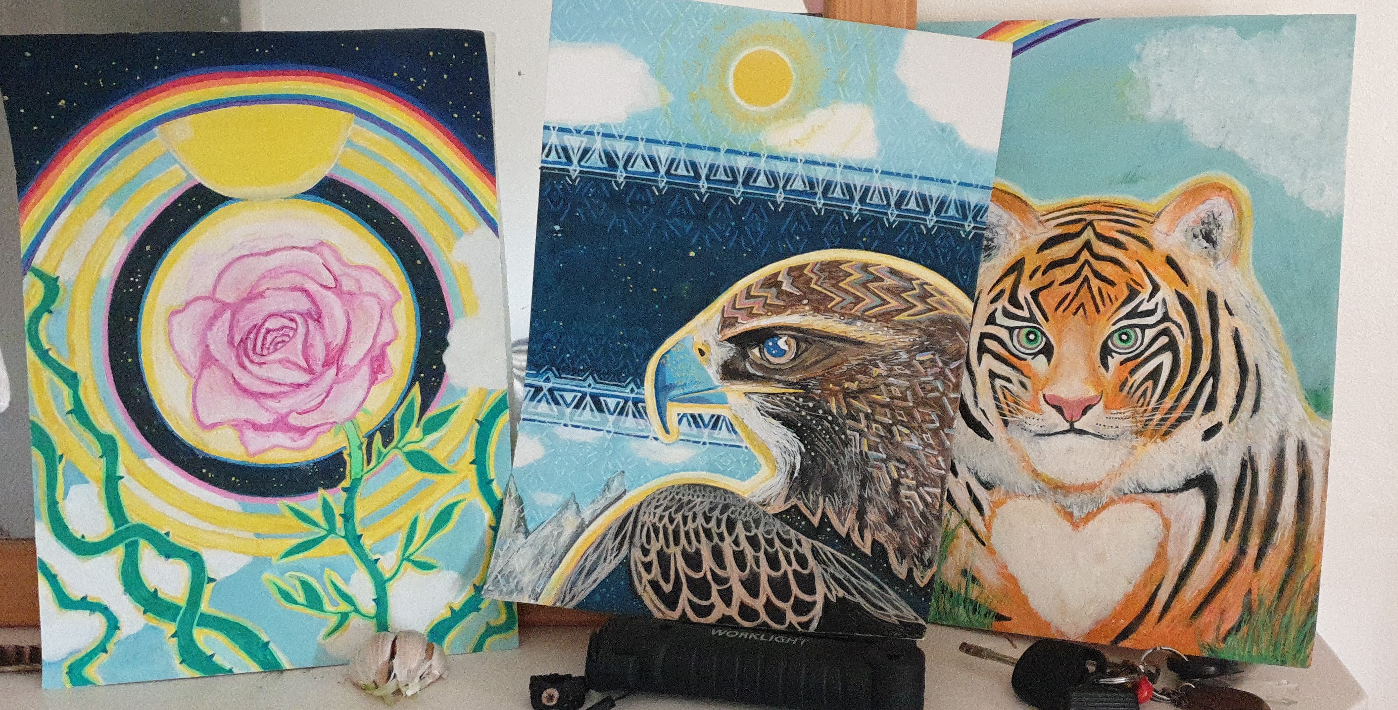Set of three spirit guide original prints Tiger, Hawk and Rose