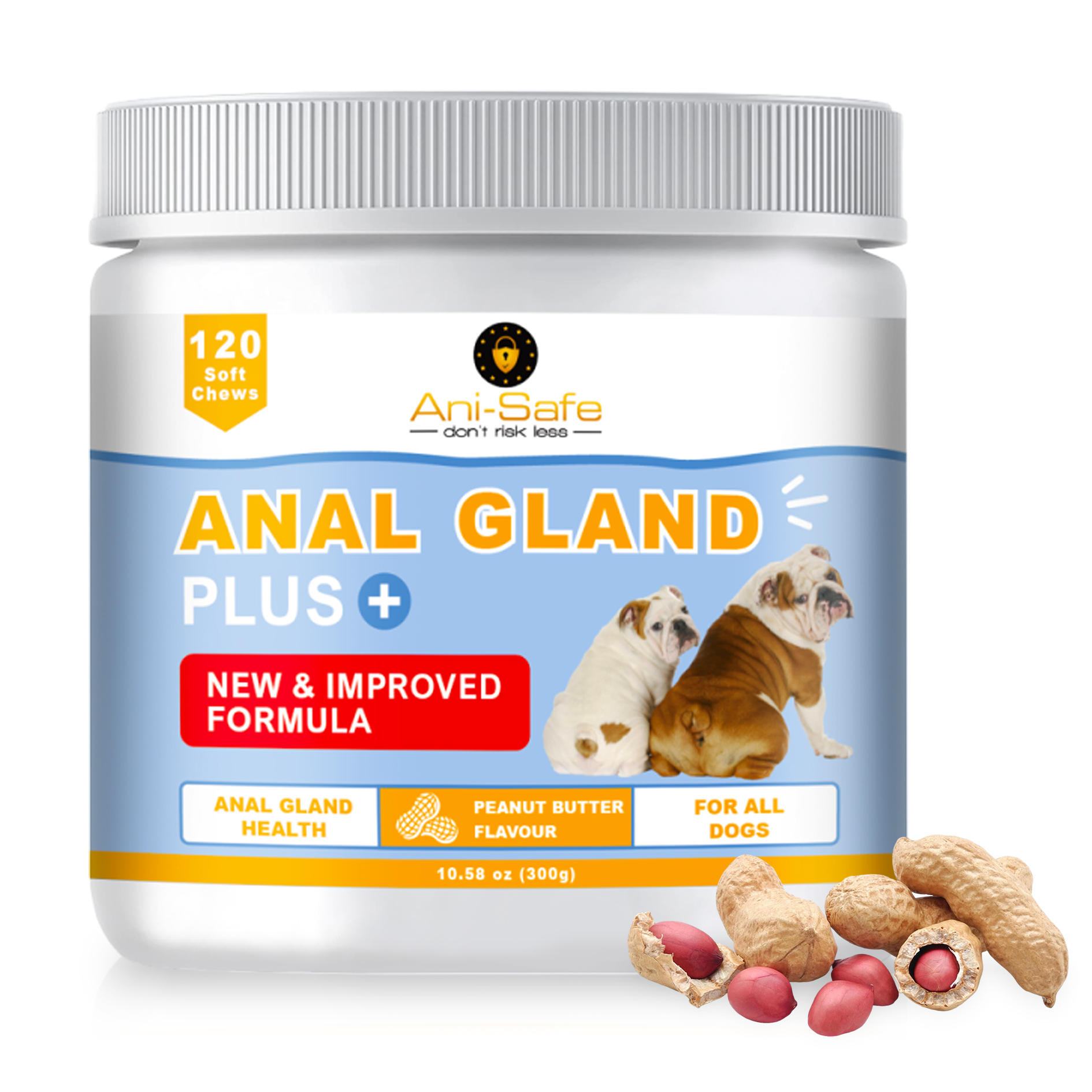 XL Pack - Ani-Safe Anal Gland PLUS Dog Treats for Digestive Pro + Postbiotic - Gut Health, Sensitive Tums, Scooting, Loose Stools, Smelly, Itchy Ears, Enzymes Great for all dogs 120 300g