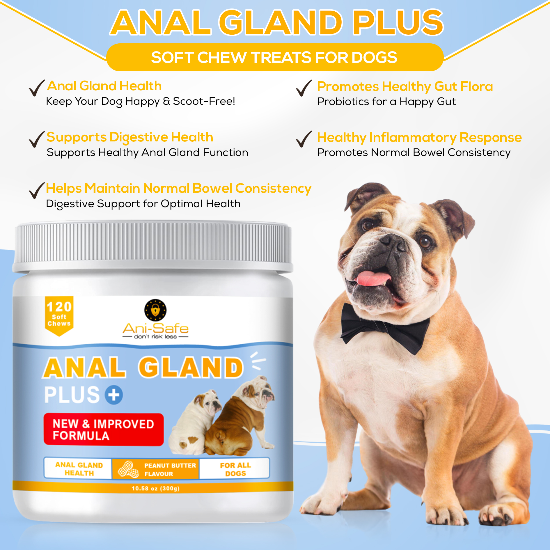 XL Pack - Ani-Safe Anal Gland PLUS Dog Treats for Digestive Pro + Postbiotic - Gut Health, Sensitive Tums, Scooting, Loose Stools, Smelly, Itchy Ears, Enzymes Great for all dogs 120 300g