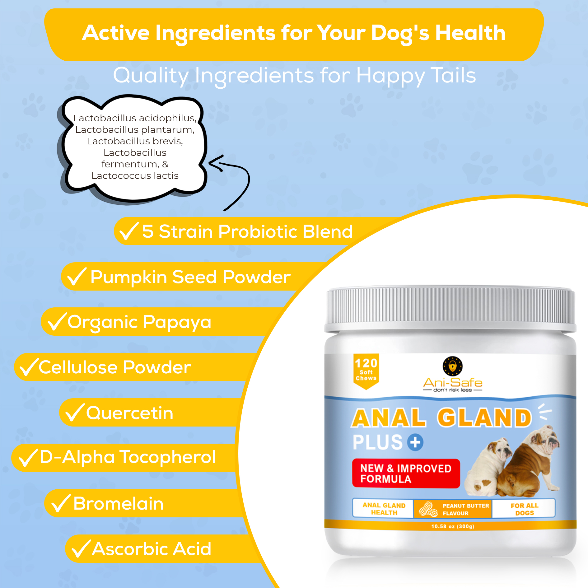 XL Pack - Ani-Safe Anal Gland PLUS Dog Treats for Digestive Pro + Postbiotic - Gut Health, Sensitive Tums, Scooting, Loose Stools, Smelly, Itchy Ears, Enzymes Great for all dogs 120 300g