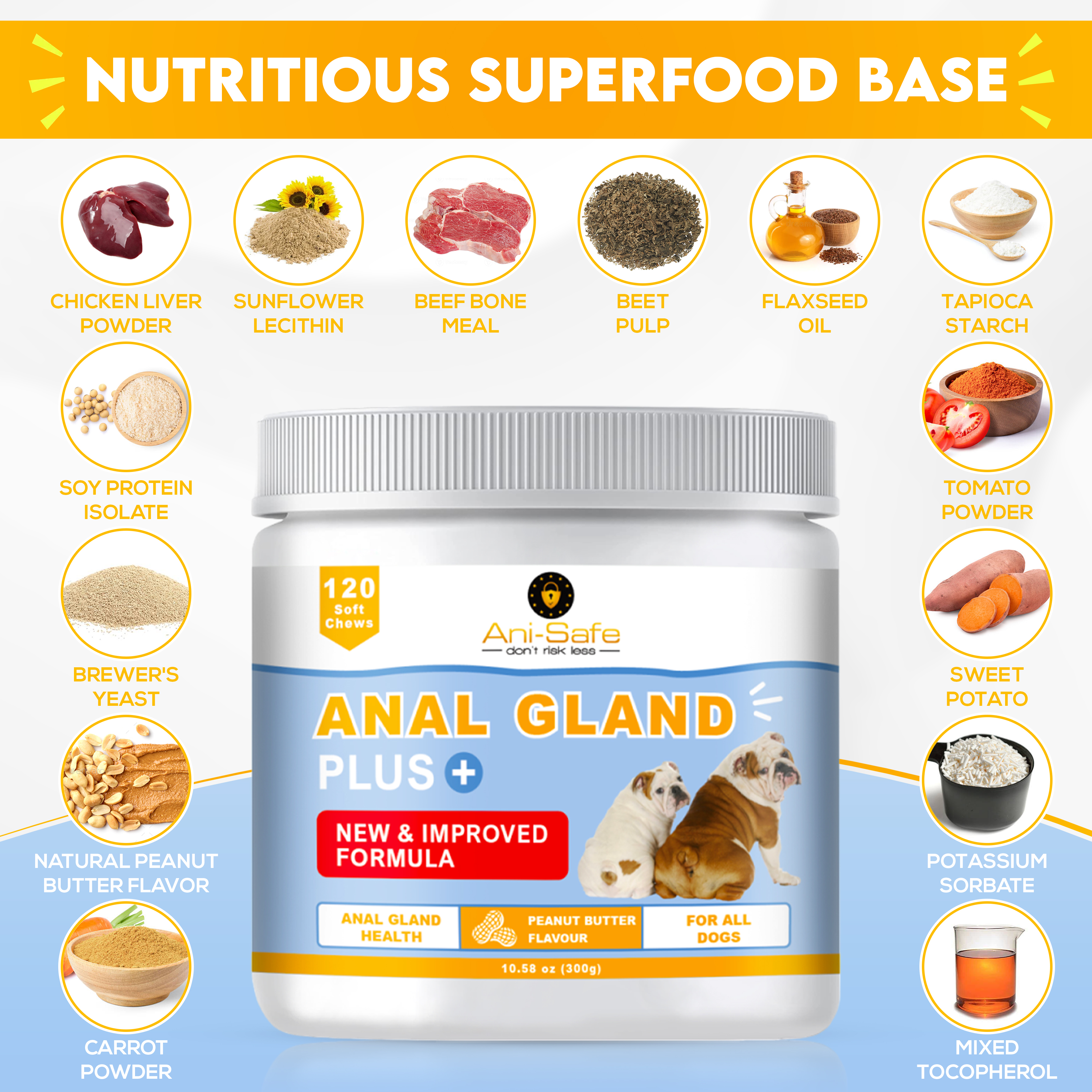 XL Pack - Ani-Safe Anal Gland PLUS Dog Treats for Digestive Pro + Postbiotic - Gut Health, Sensitive Tums, Scooting, Loose Stools, Smelly, Itchy Ears, Enzymes Great for all dogs 120 300g
