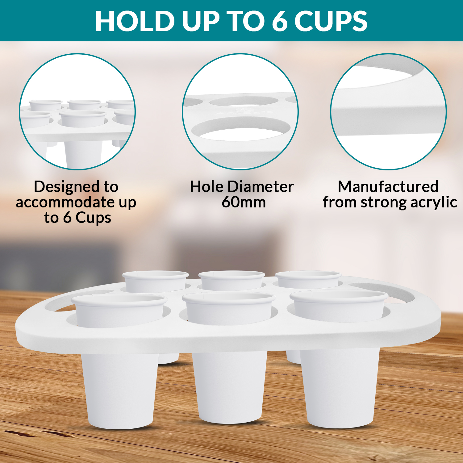 Ani-Safe 6 cup tray portable drinks holder carrier caddy office all inclusive holidays vending machine beer beverage festival bar plastic paper -60mm Holes-