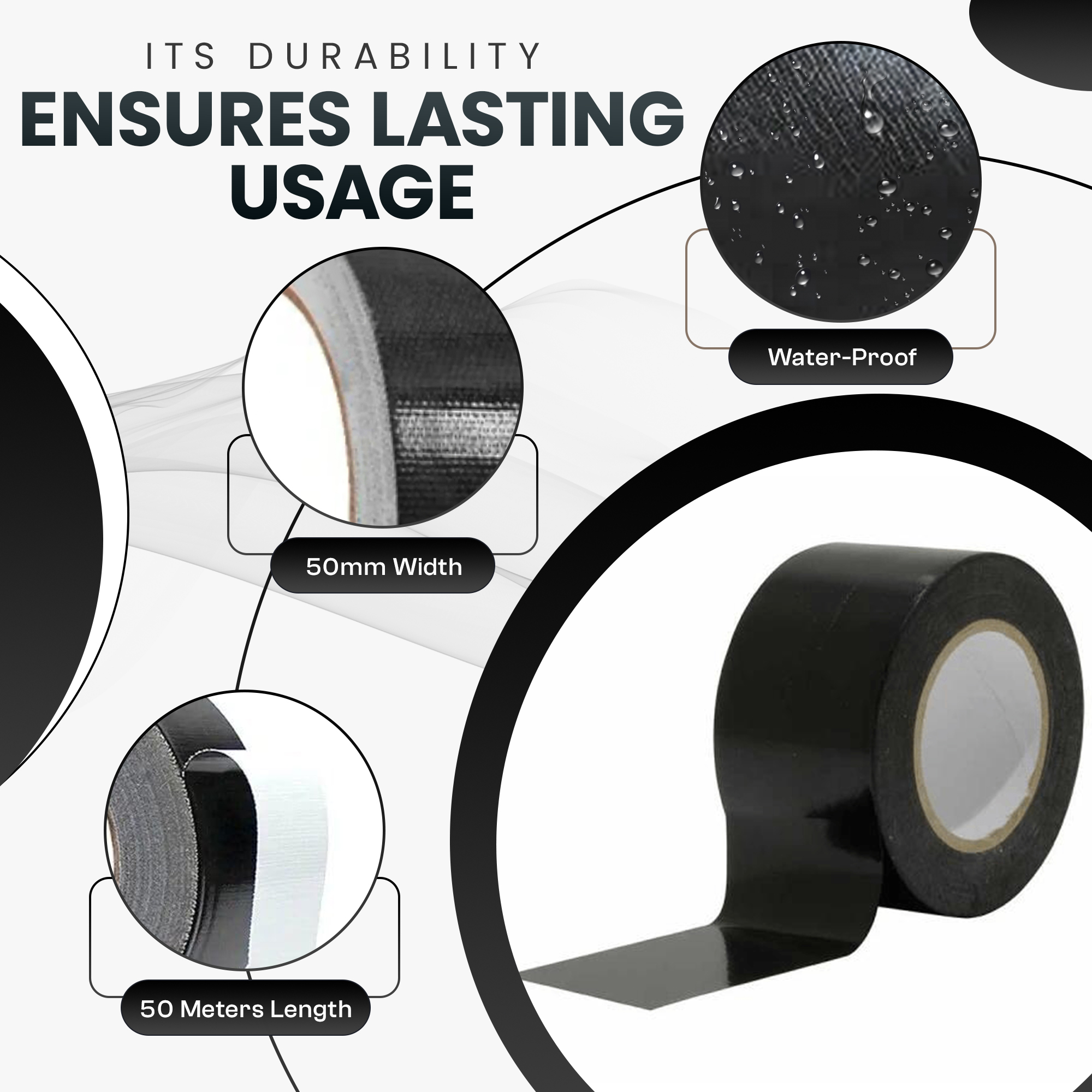 Premium ANI-SAFE Black Duct Tape, Gaffa, Duck, 50 Meters, 50mm Wide, 1 Roll of 50m x 50mm, Heavy Duty, DIY, Cloth UV waterproof
