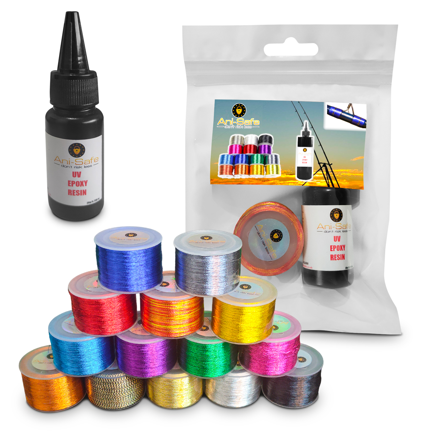 Ani-Safe Fishing Rod Eye Wrap Kit, set with 20g clear UV Epoxy Resin, Repair line, replacement, tip light installation, guide ring thread, Metallic whipping, building sea course beach