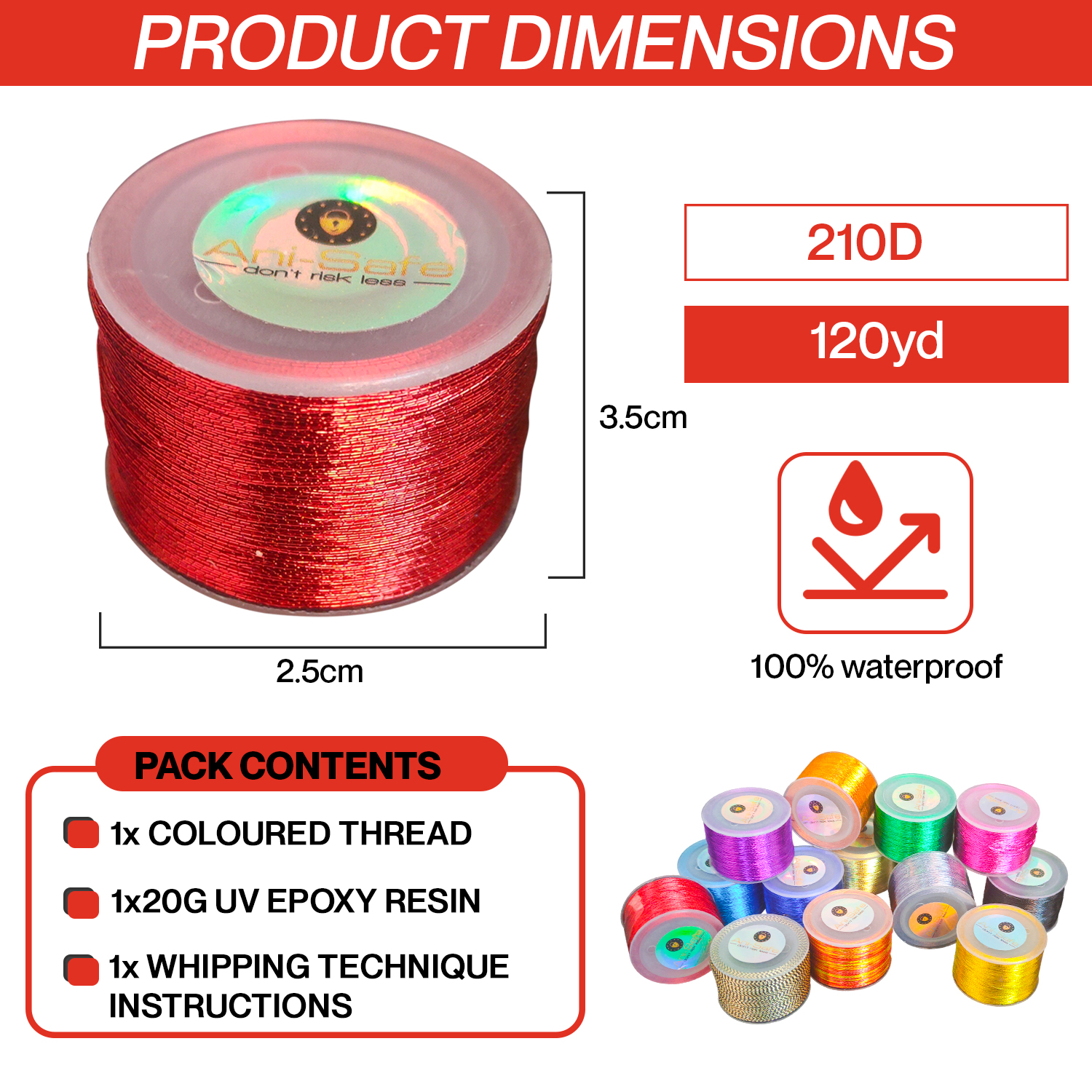 Ani-Safe Fishing Rod Eye Wrap Kit, set with 20g clear UV Epoxy Resin, Repair line, replacement, tip light installation, guide ring thread, Metallic whipping, building sea course beach