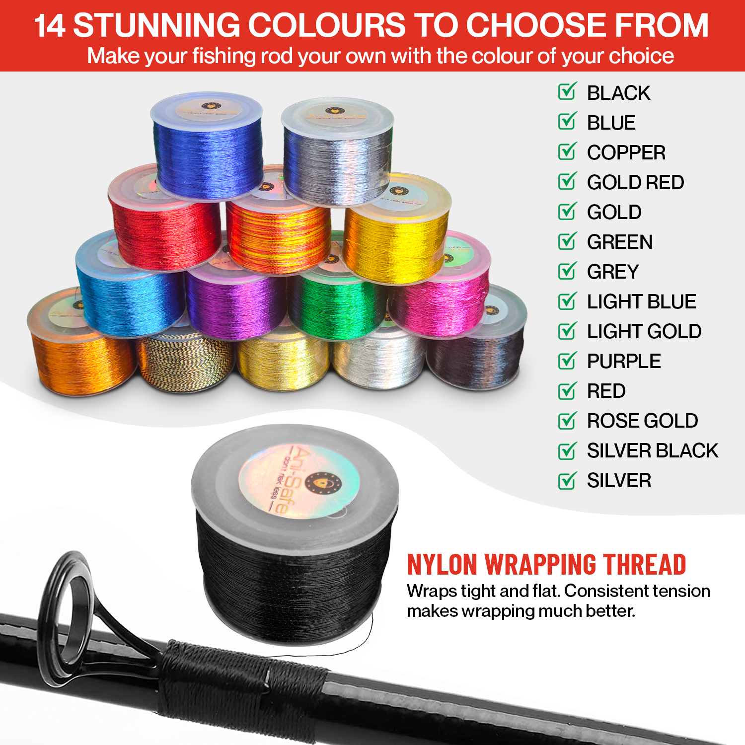 Ani-Safe Fishing Rod Eye Wrap Kit, set with 20g clear UV Epoxy Resin, Repair line, replacement, tip light installation, guide ring thread, Metallic whipping, building sea course beach