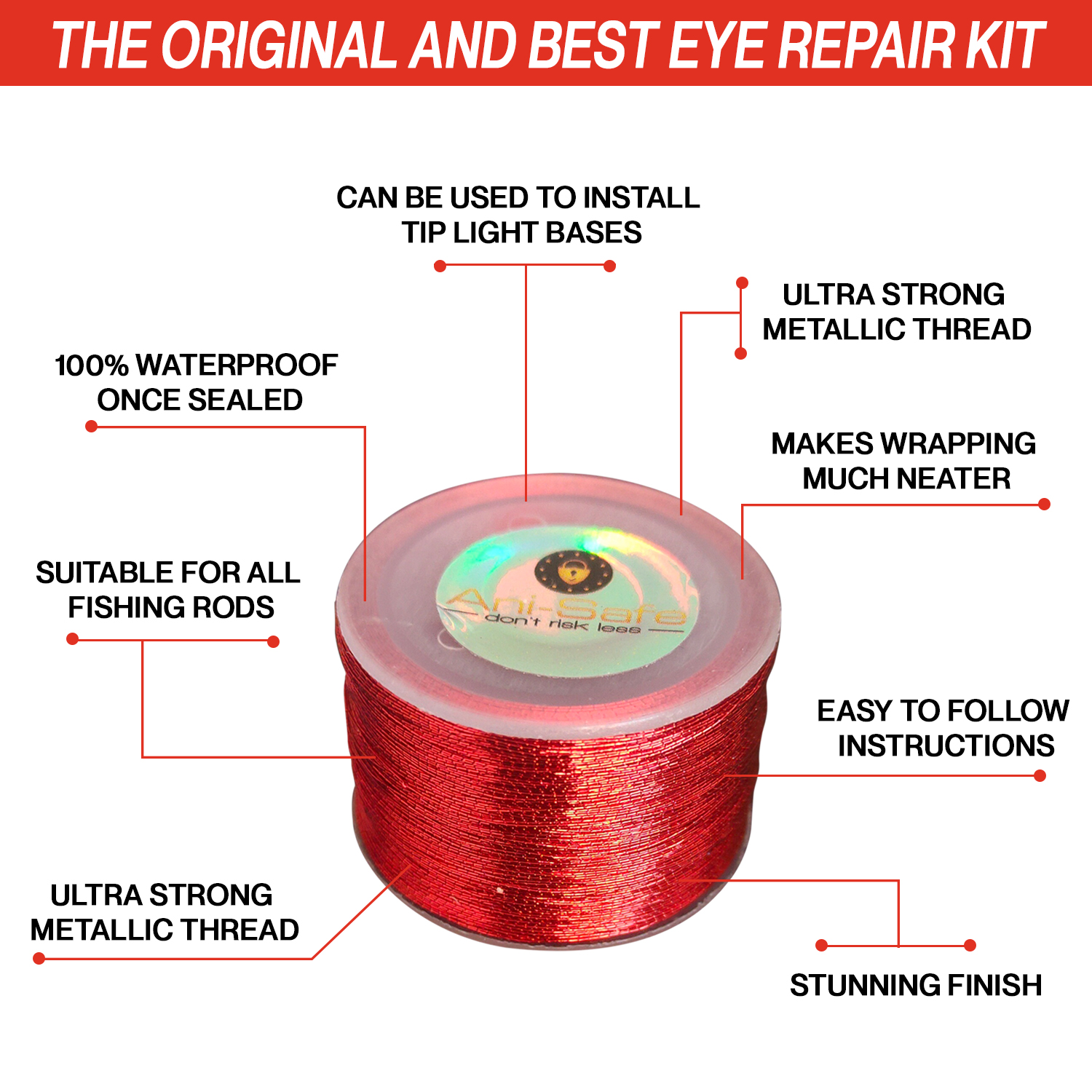 Ani-Safe Fishing Rod Eye Wrap Kit, set with 20g clear UV Epoxy Resin, Repair line, replacement, tip light installation, guide ring thread, Metallic whipping, building sea course beach