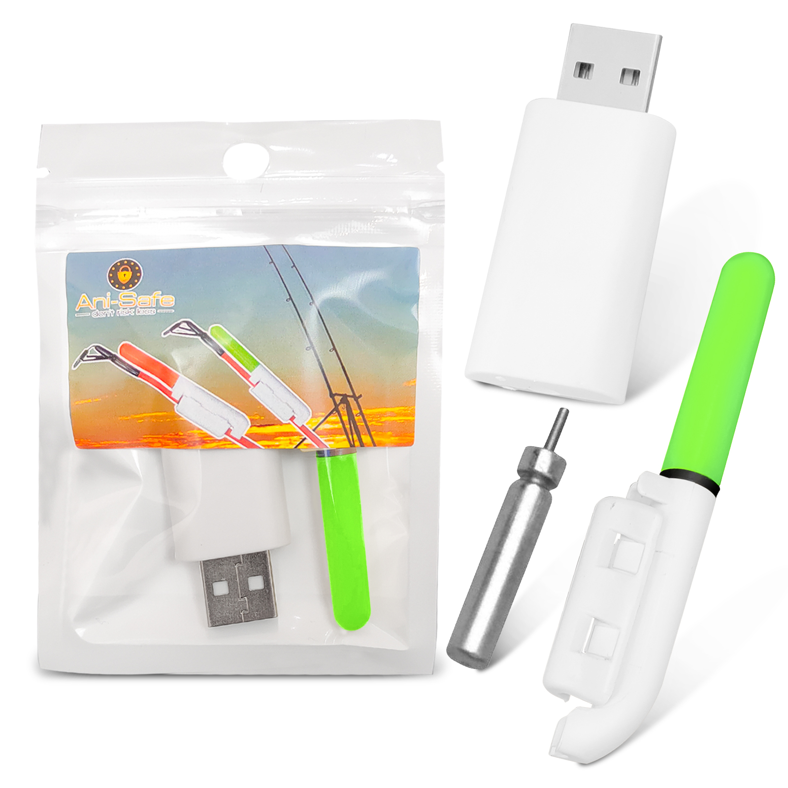 ANI-Safe Beach Casting LED Rechargeable Fishing Rod Tip Light, cod, carp, sea, Course, Pike, CR425 and USB Charger Green, Glow Stick bite Indicator, Clip on, Removable [Energy Class A+++]