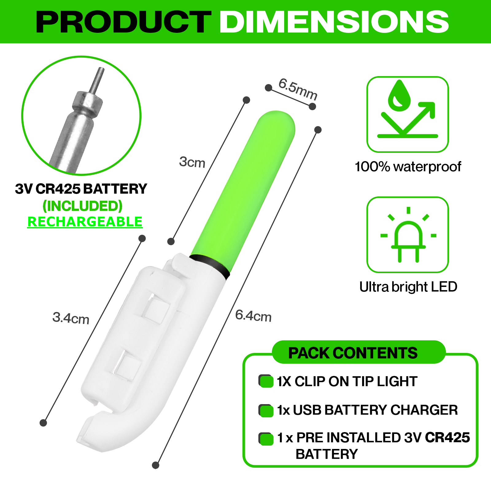 ANI-Safe Beach Casting LED Rechargeable Fishing Rod Tip Light, cod, carp, sea, Course, Pike, CR425 and USB Charger Green, Glow Stick bite Indicator, Clip on, Removable [Energy Class A+++]