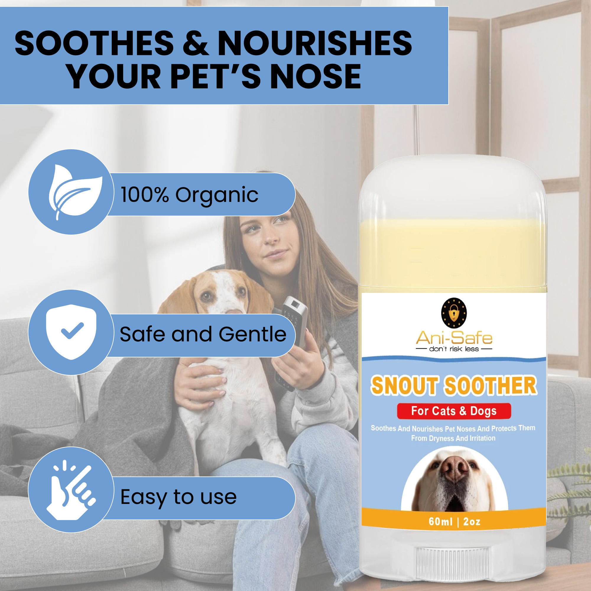 XL Ani-Safe Dog Nose Balm for Dogs and Cats, Pets, 60ml Stick, Soothes Dry and Itchy Noses, Natural lick safe Paw balm for dogs contains, Dog paw cream, reduces skin irritation and redness