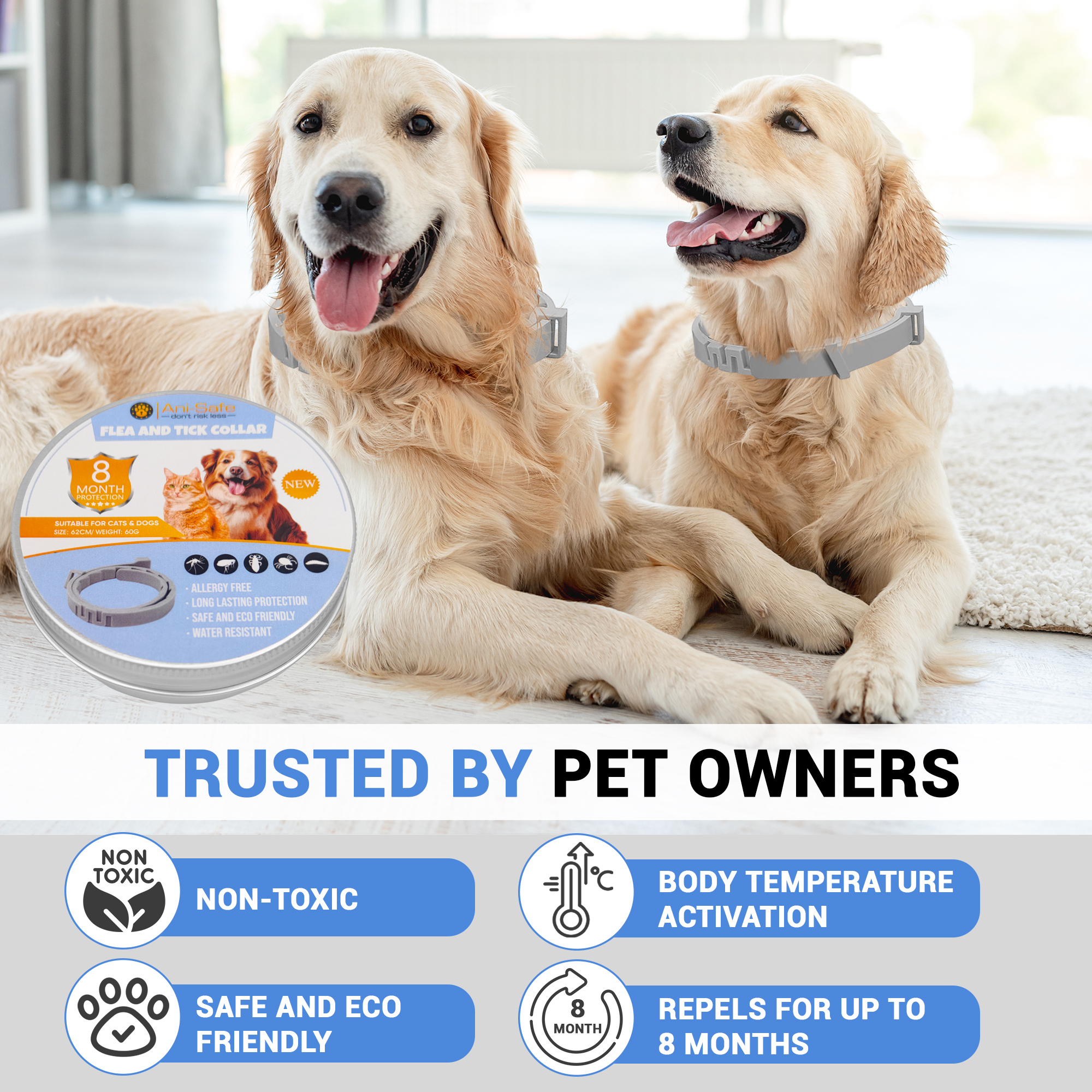 Ani-Safe Adjustable Flea and Tick Collar for dogs and cats 1 size fits all