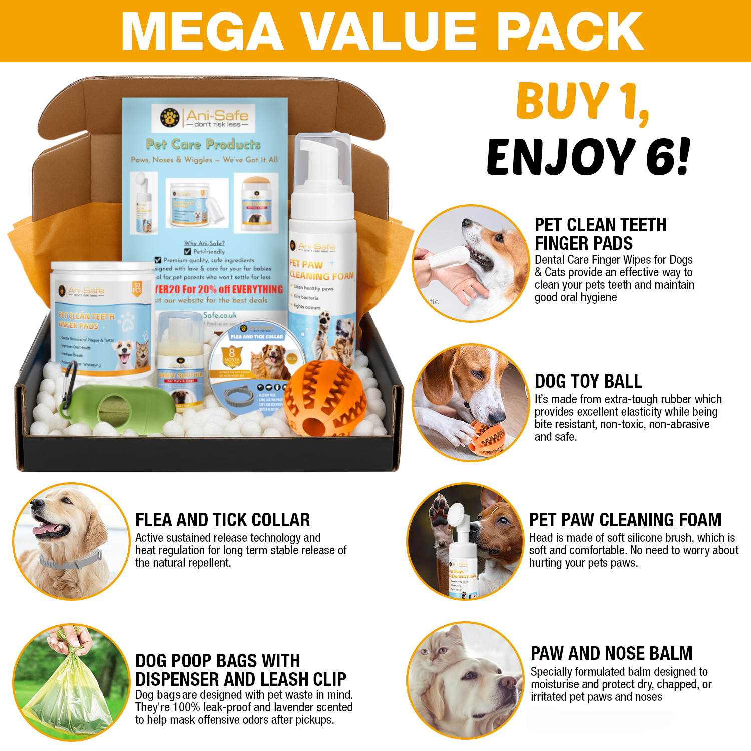 Dog Starter Kit Bundle – 6-in-1 Essentials: Adjustable Repellent Collar, Paw Cleaning Foam, Nose Balm Stick, Slow Feeder Chew Toy, 50x Toothbrush Finger Stalls, Poo Bags & Glow Dispenser