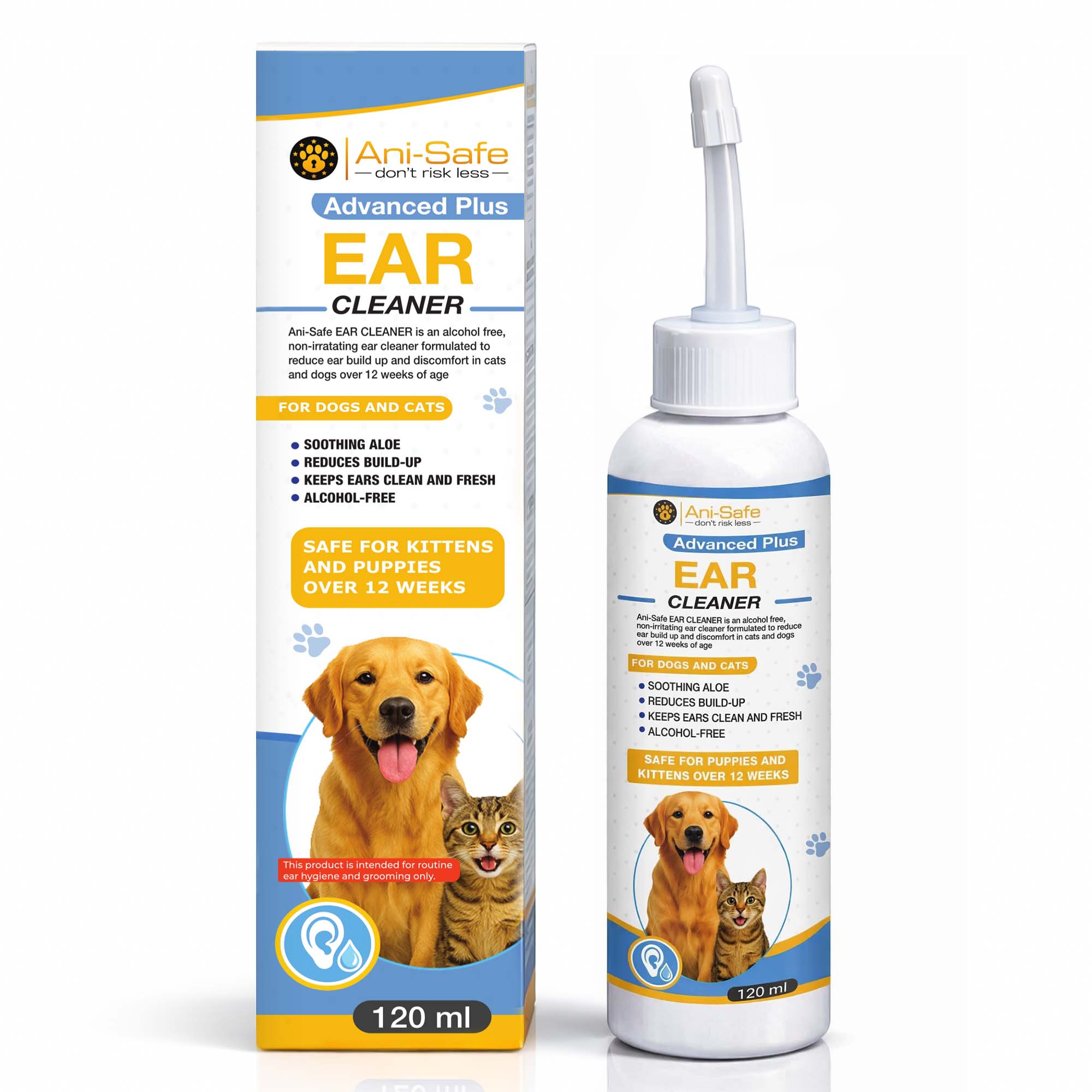 Dog and Cat Ear Drops, 120ml, Alcohol-Free Cleanser, Aloe Vera Formula, with Flexible Silicone Nozzle, wax, head shaking