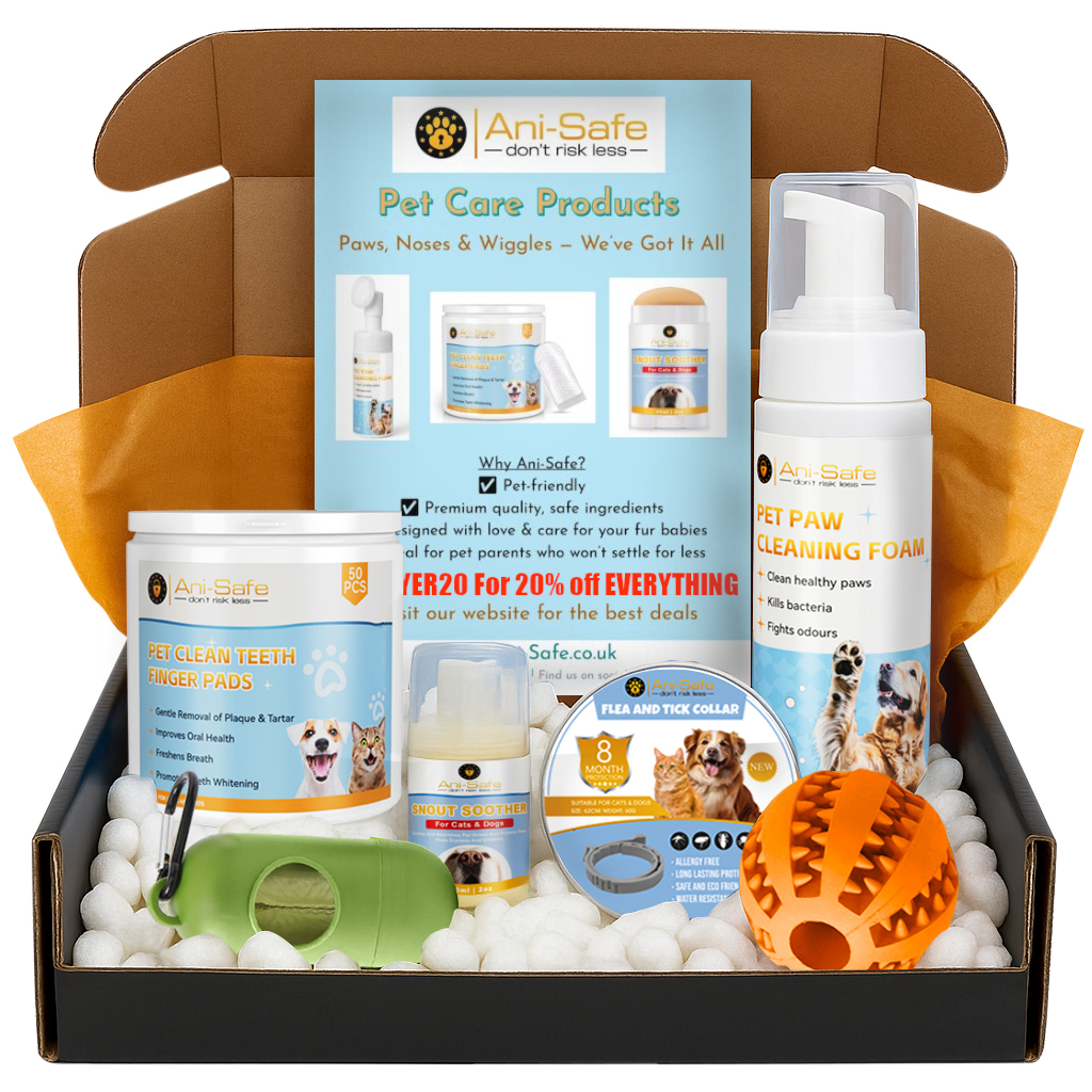 Dog Starter Kit Bundle – 6-in-1 Essentials: Adjustable Repellent Collar, Paw Cleaning Foam, Nose Balm Stick, Slow Feeder Chew Toy, 50x Toothbrush Finger Stalls, Poo Bags & Glow Dispenser